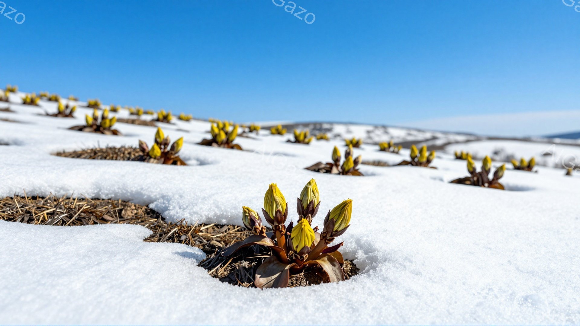 雪原に点在する鮮やかな黄色の花が印象的な風景です。周りの茶色の枯れ草とのコントラストが春の訪れを感じさせます。空は澄み切った青空で、静寂で穏やかな雰囲気が漂っています。