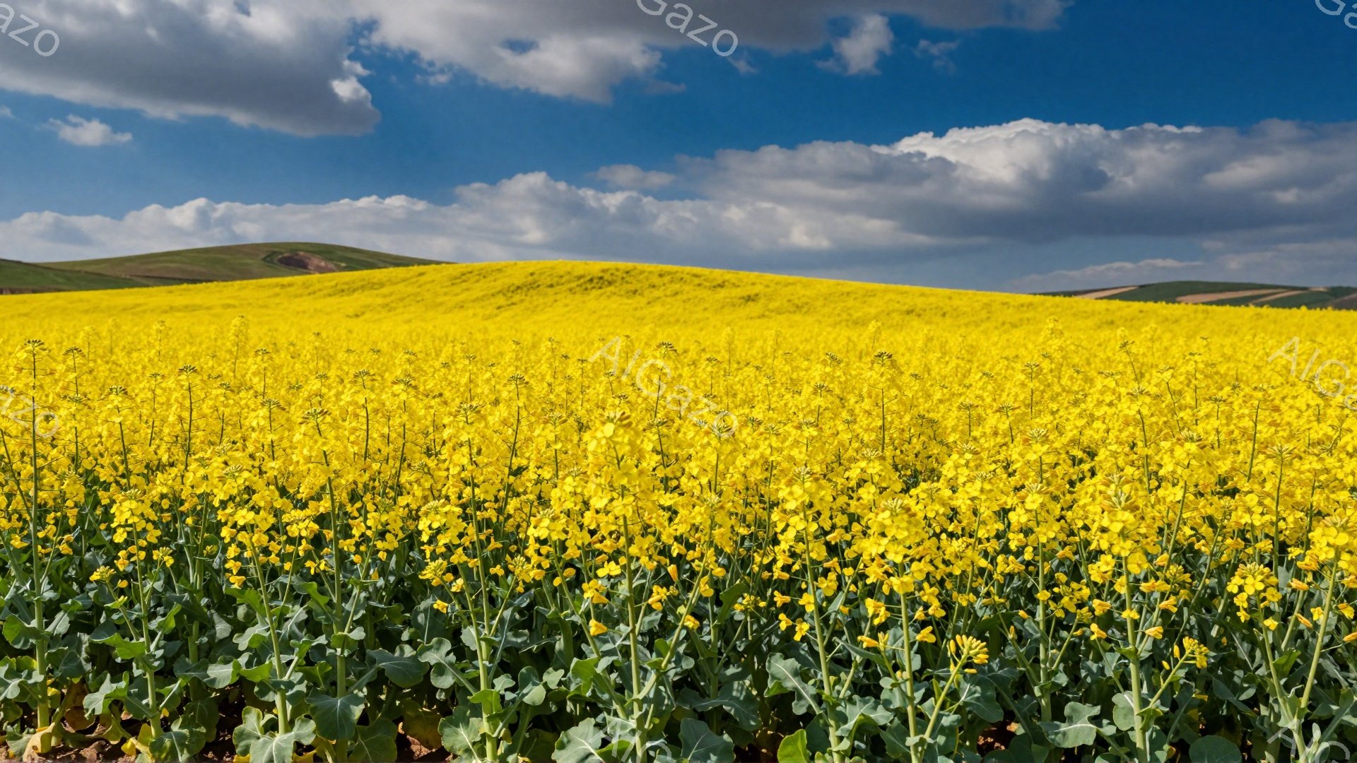 広大な黄色い菜の花畑が、青い空と白い雲の下に広がっている。花々は太陽の光を浴びて輝き、春の訪れを感じさせる暖かい雰囲気を作り出している。遠くには緑の丘が見え、穏やかで平和な風景が広がっている。 - AI生成フリー素材