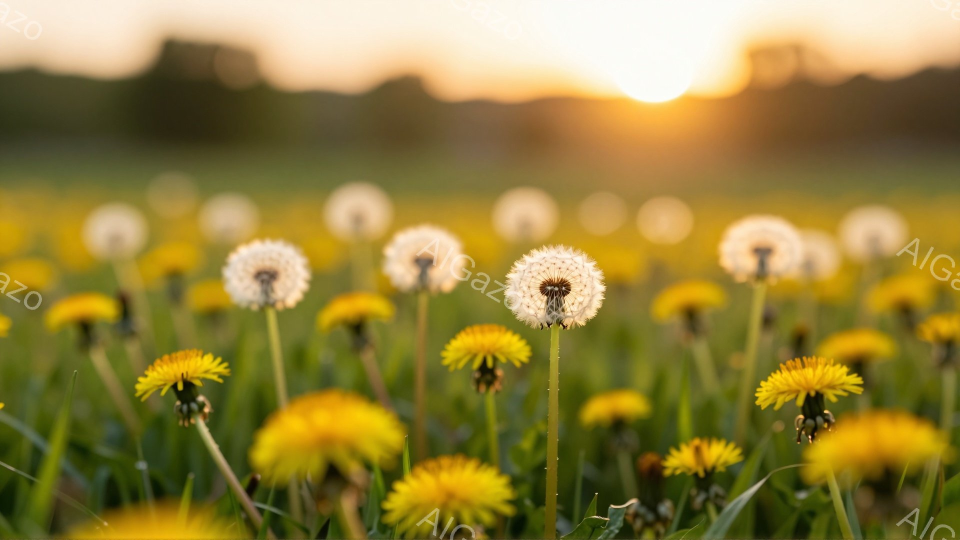 鮮やかなタンポポが緑の草むらに咲き乱れている。夕焼けが背景をオレンジ色に染め、穏やかで暖かい雰囲気を醸し出している。綿毛になったタンポポもあり、種を風に乗せて拡散しようとしている様子がうかがえる。