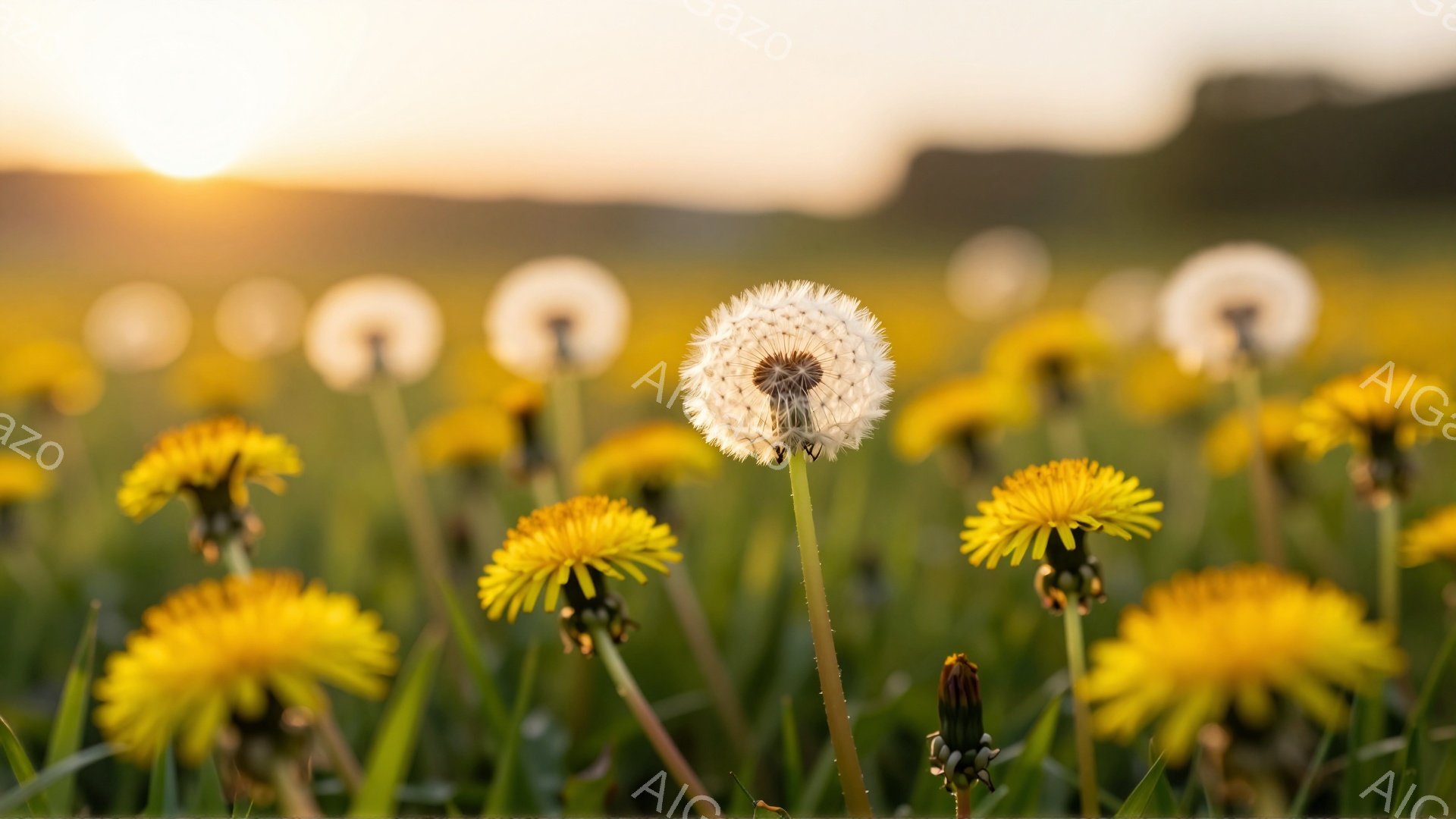 緑の草むらの中にタンポポが咲き乱れ、一部は綿毛になっています。背景には夕焼けの光が差し込み、温かく穏やかな雰囲気を醸し出しています。手前にぼやけた黄色い花々と、綿毛のタンポポがコントラストを生み出しています。