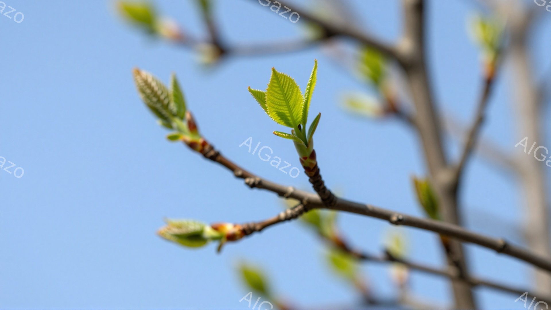 空を背景に、新緑の芽が伸びる木の枝が写っている。鮮やかな緑色は春の訪れを感じさせ、生命力にあふれている。背景の青空とのコントラストが、芽の輝きをさらに引き立てている。 - AI生成フリー素材