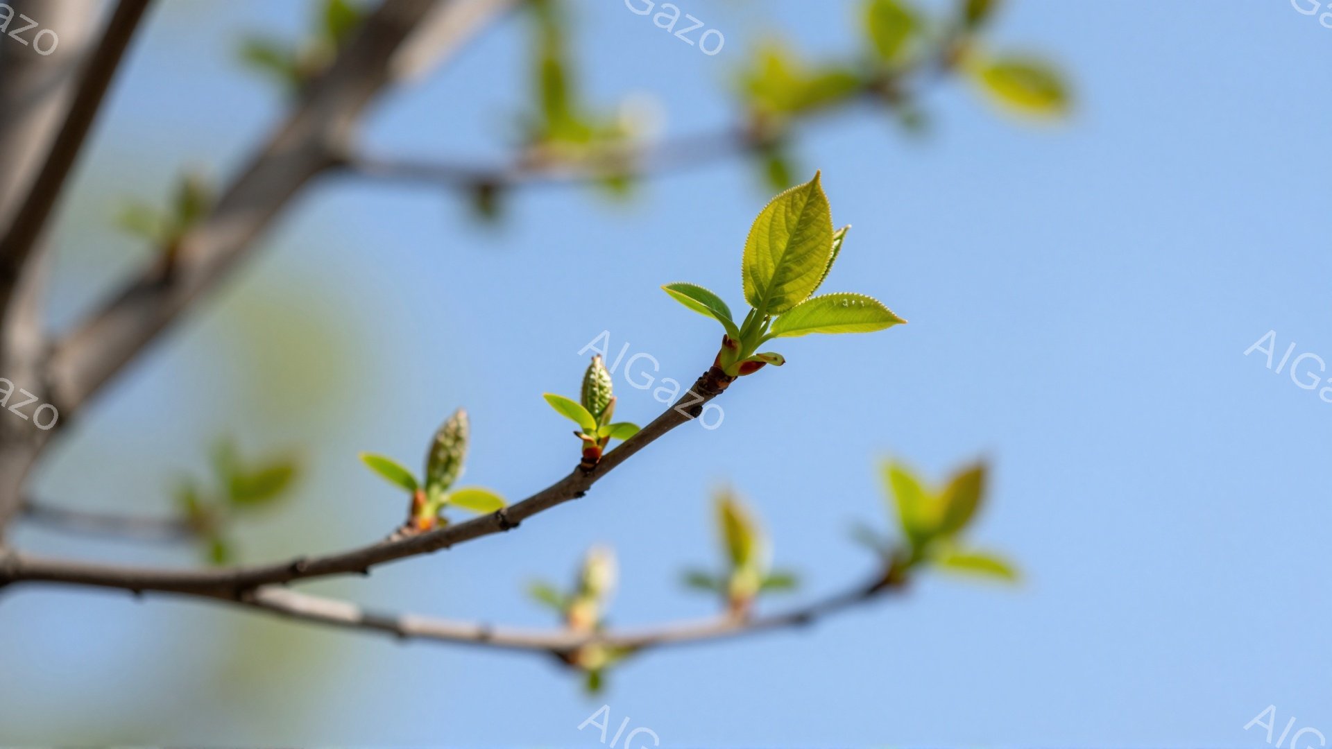 青空を背景に、新緑の芽が伸びる木の枝が写っている。まだ若葉は小さく、春の訪れを告げる鮮やかな緑が印象的だ。穏やかで希望に満ちた雰囲気が感じられる。 - AI生成フリー素材