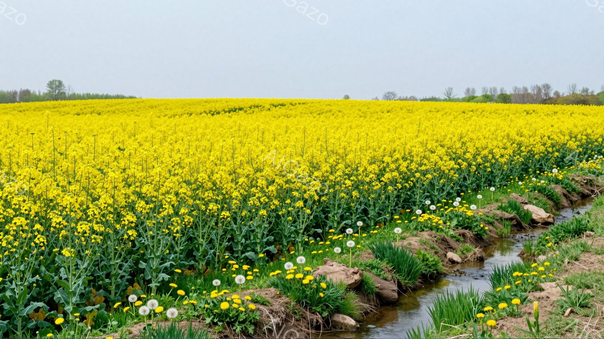 広大な菜の花畑が咲き誇り、小川が流れています。菜の花に混じってタンポポが咲き、春の訪れを感じさせる穏やかな風景です。空は薄曇りで、静かで平和な雰囲気が漂っています。 - AI生成フリー素材