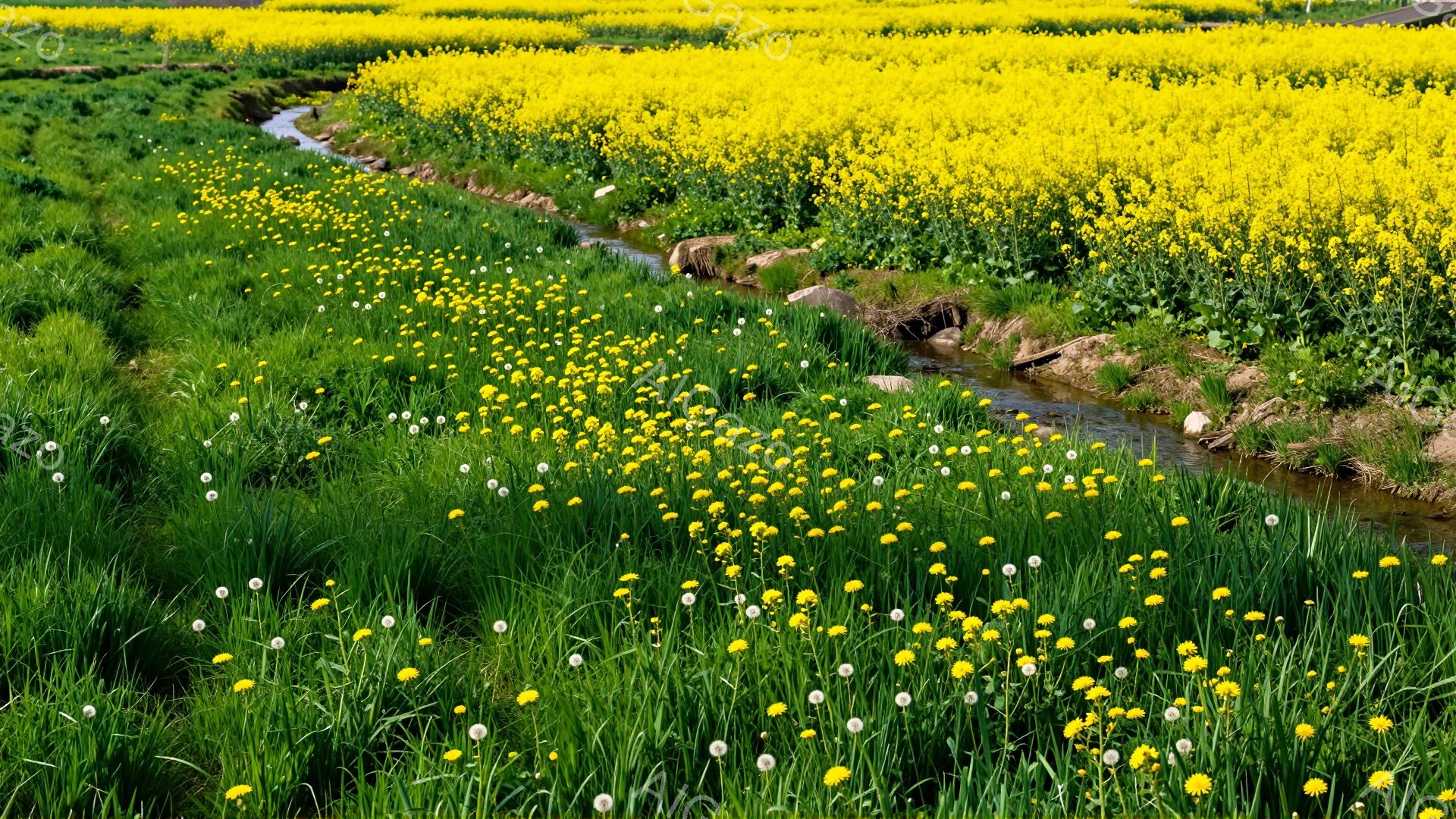 緑豊かな草原の中に小川が流れ、タンポポが咲き乱れている風景です。遠くには黄色い花畑が広がり、穏やかで平和な雰囲気が漂っています。春の陽光の下、自然の美しさが際立っています。 - AI生成フリー素材