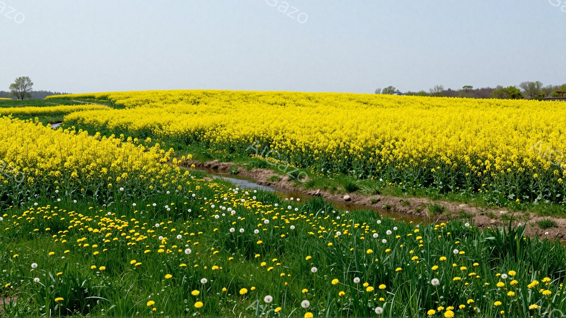広大な菜の花畑が広がり、手前に白いタンポポが咲き乱れている。浅い水路が菜の花畑の中を縫うように流れ、春の穏やかな雰囲気を醸し出している。空は晴れており、暖かく柔らかい光が降り注いでいる。 - AI生成フリー素材
