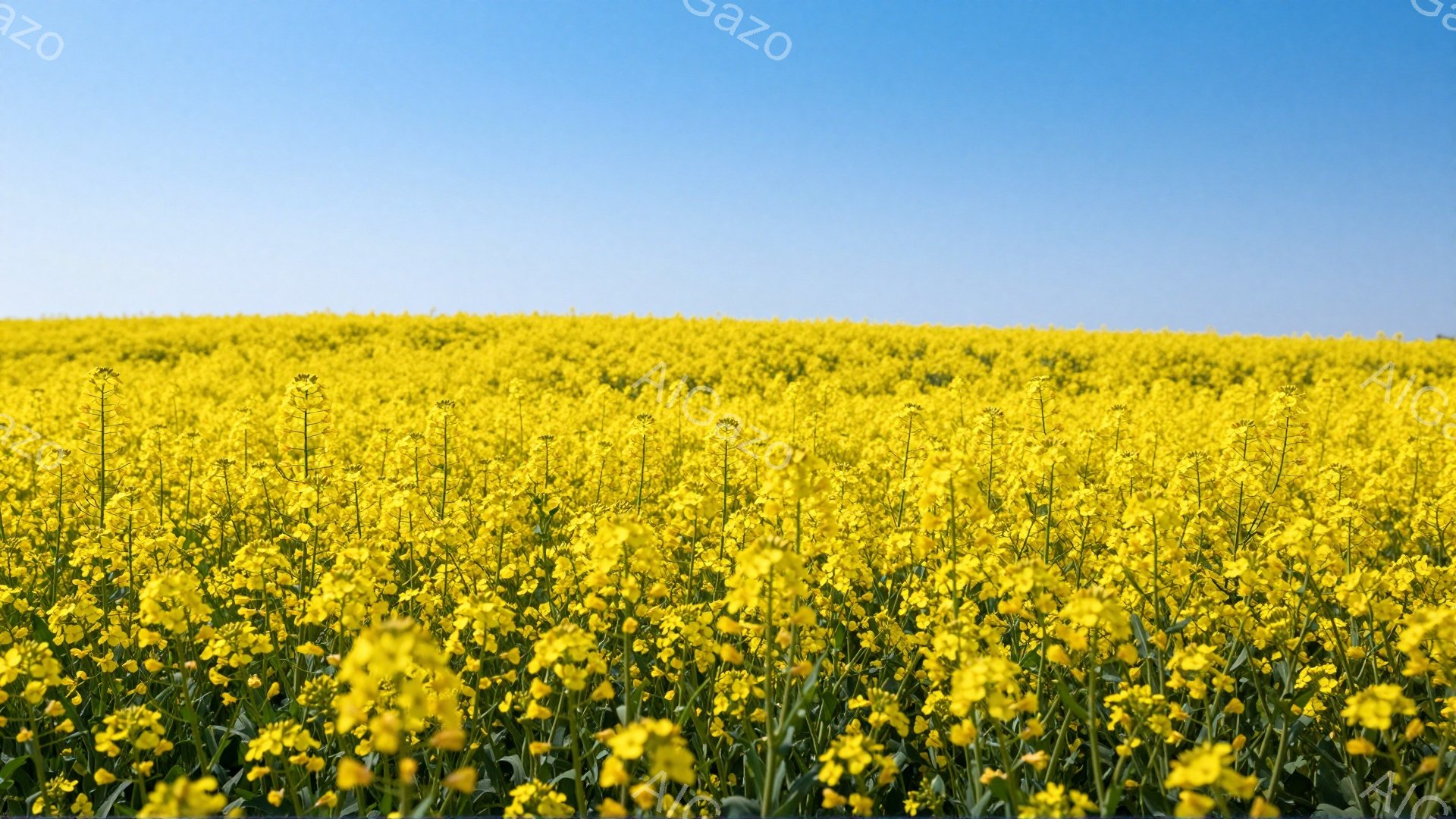 広大な菜の花畑がどこまでも続き、空は澄み切った青色です。黄色い花が密集しており、春の訪れを感じさせる明るい光景です。穏やかで平和な雰囲気が漂い、心を癒してくれます。 - AI生成フリー素材