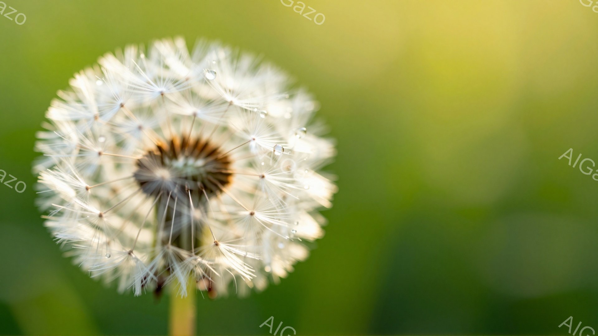 鮮やかな緑色の背景に、種を飛ばした後のタンポポが咲いています。綿毛は繊細で、光を受けて白く輝き、まるで天上の綿雲のようです。背景の緑とタンポポの白のコントラストが、穏やかな春の日の雰囲気を醸し出しています。