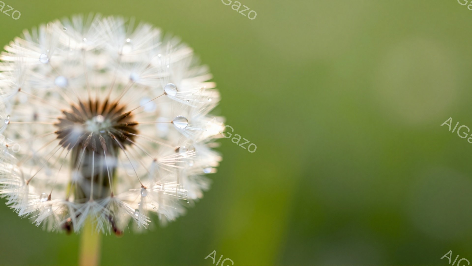 緑色の背景にタンポポの綿毛が写っています。綿毛は雫で濡れており、光を受けてキラキラと輝いています。柔らかな光と背景の色合いが、穏やかな雰囲気を醸し出しています。