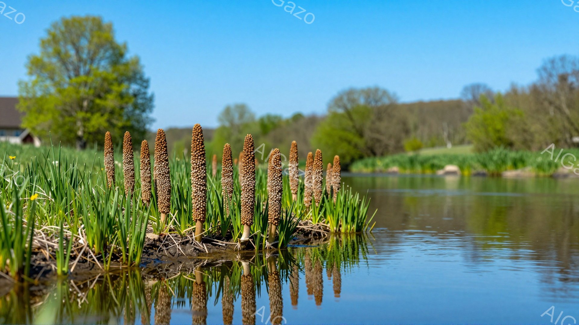 水辺にユニークな植物が立ち並び、その姿を水面に映し出している。背景には緑豊かな木々と穏やかな空が広がり、春の穏やかな一日を表現している。水面の反射が、静寂で美しい雰囲気をさらに引き立てている。 - AI生成フリー素材