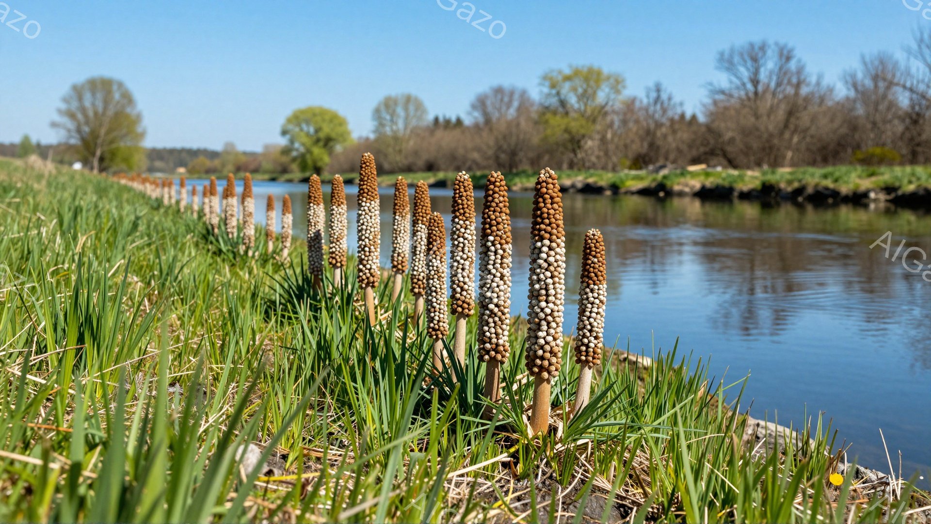 鮮やかな緑の草の中で、カエルの卵のような球体が付いた植物が並んで咲いている。背後には穏やかな水面と遠くの木々が見え、春の穏やかな日差しが感じられる。水辺の自然の美しさが表現されている。