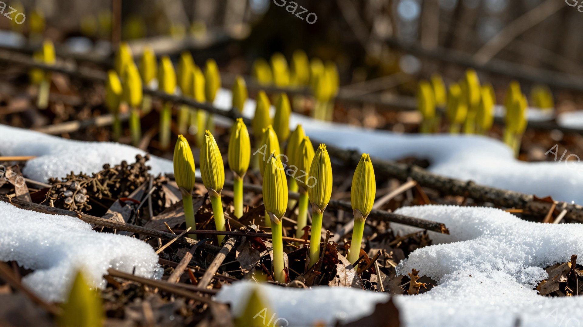 雪解けの足跡が残る枯葉の上に、鮮やかな黄色の春の花が顔を覗かせている。まだ雪が残る中、力強く芽を出した花は、春の訪れを告げる希望に満ちた光景である。背景にはぼんやりと木々が見え、穏やかな陽光が差し込んでいる。