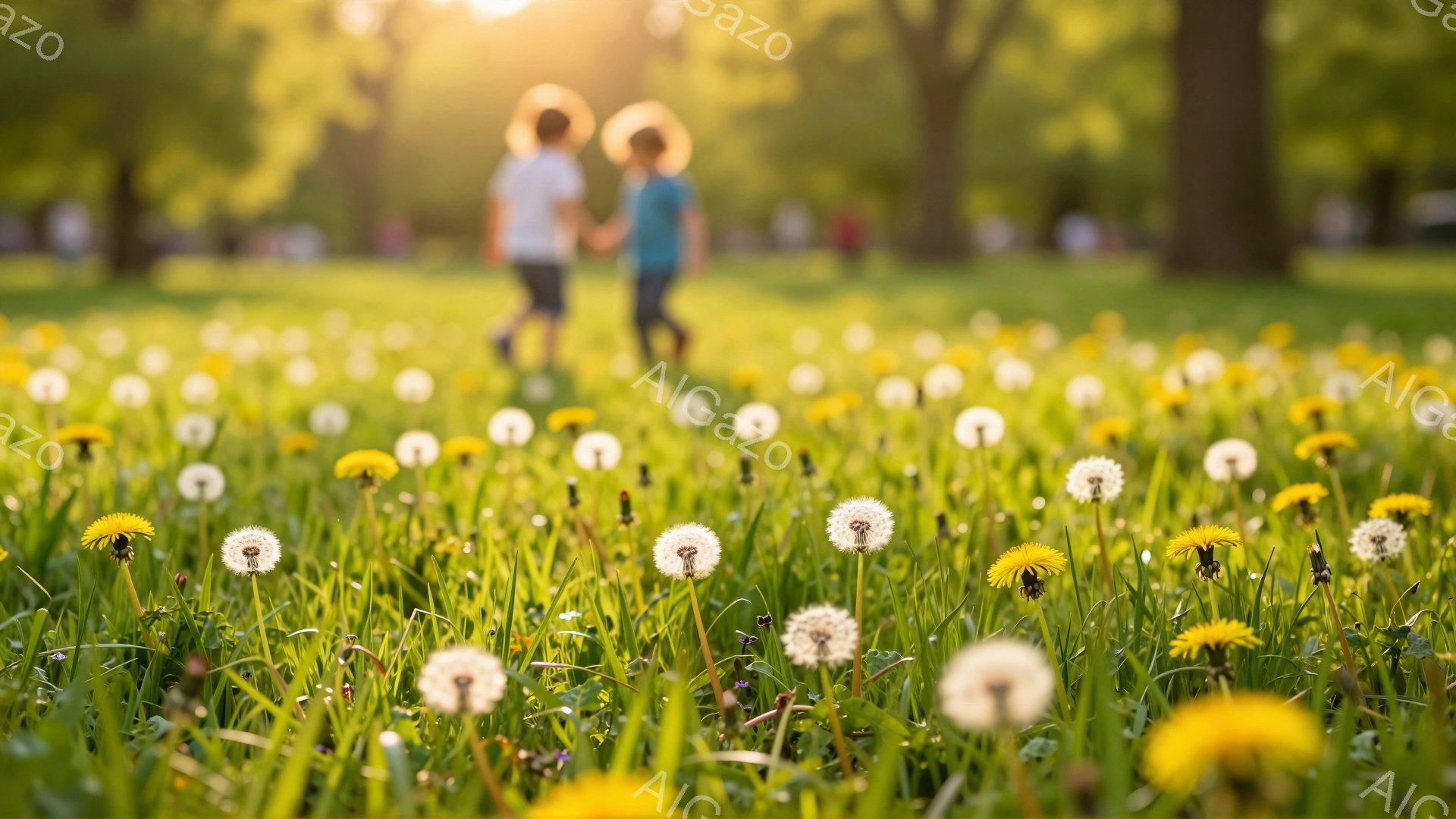 鮮やかな緑の草原にタンポポが咲き乱れ、遠景には手をつないで歩く二人の子供が写っている。太陽の光が差し込み、暖かく幻想的な雰囲気を醸し出している。春の穏やかな一日を思わせる、希望に満ちた光景だ。