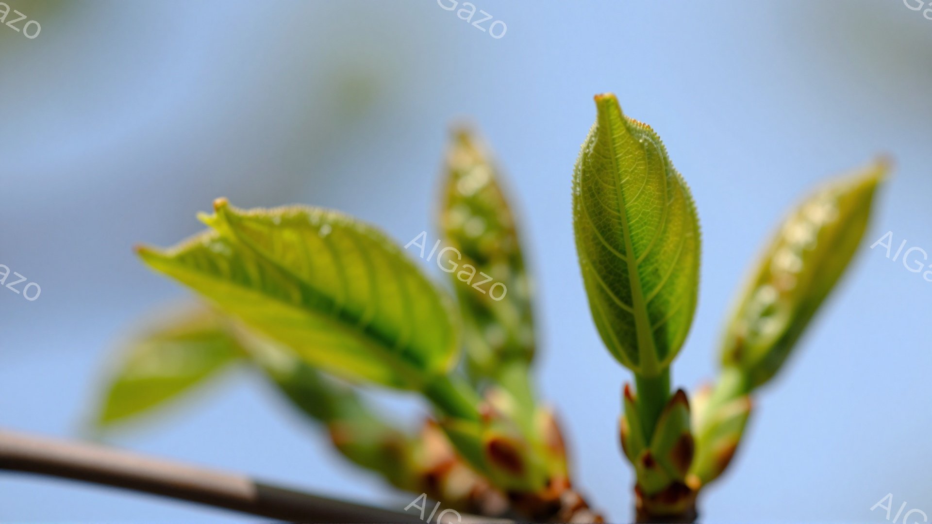 鮮やかな新緑が空を背景に描かれている。芽はまだ小さく、これから成長していく生命力を感じさせる。背景の青空とのコントラストが美しく、春の訪れを告げているようだ。 - AI生成フリー素材