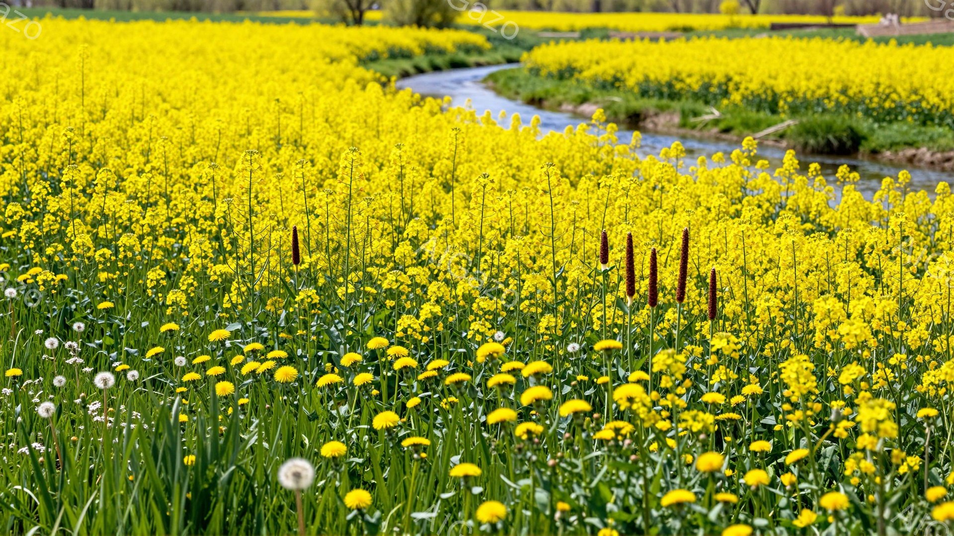 広大な野原に黄色い花が咲き乱れ、その中に白いタンポポが点在している。緩やかな小川が花畑を流れており、穏やかな春の日の雰囲気が伝わる。花々は風に揺れ、生命力に満ち溢れた光景だ。 - AI生成フリー素材