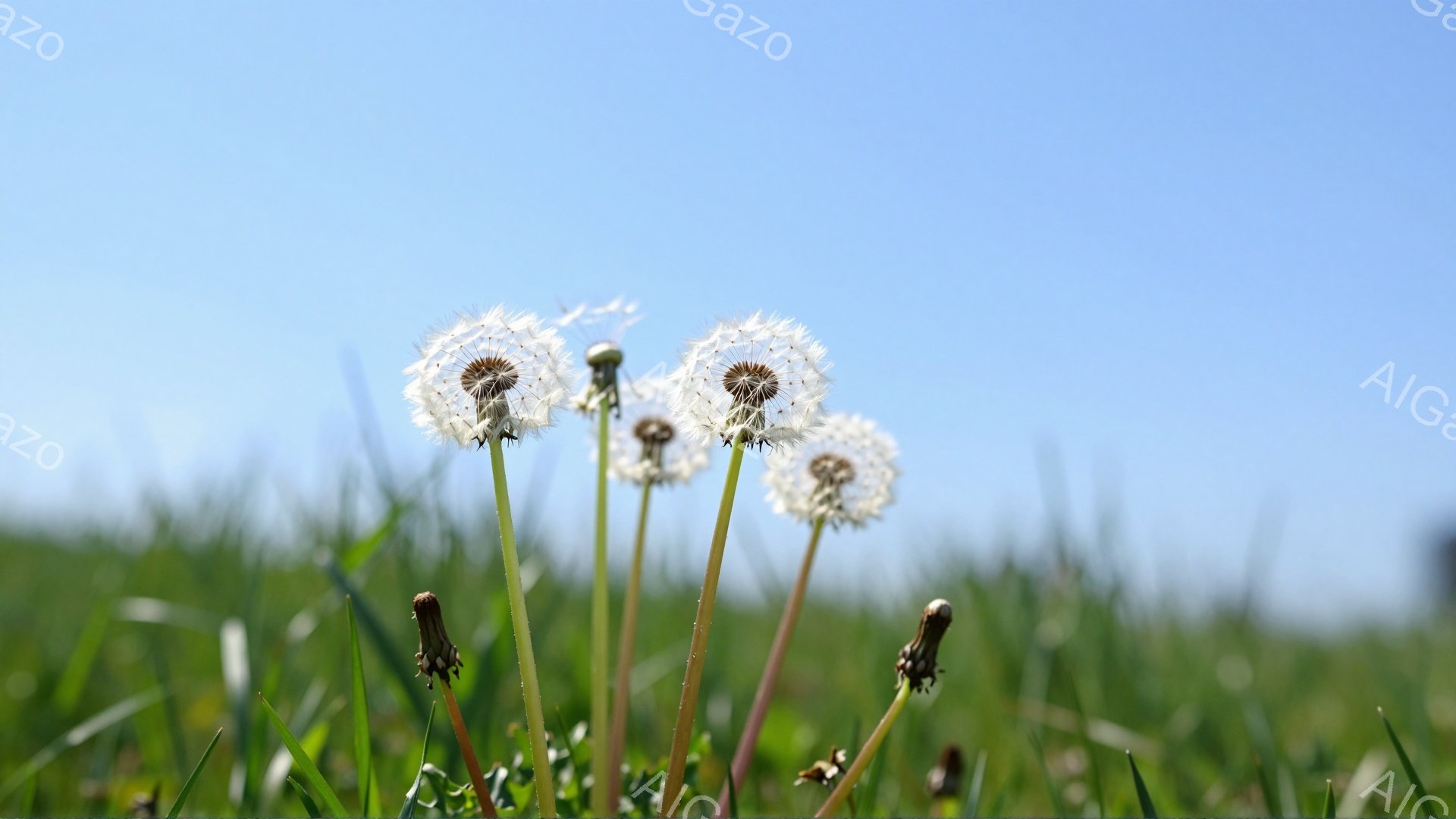 青々とした草の上に、タンポポの綿毛が咲き誇っている。空は晴れ渡り、背景は柔らかい青色で、穏やかな春の日の雰囲気が伝わってくる。綿毛は風に舞いそうになり、希望や自由の象徴のように見える。