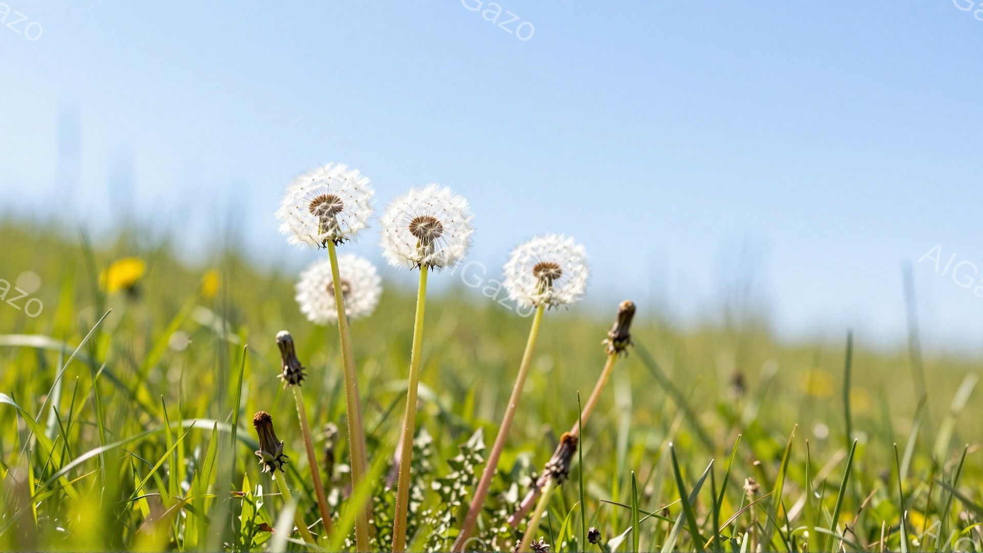 鮮やかな緑の草の中に、種を飛ばす前のタンポポが咲き誇っています。空は晴れ渡り、穏やかな春の日の雰囲気が伝わってきます。背景は少しぼやけており、タンポポが際立っています。