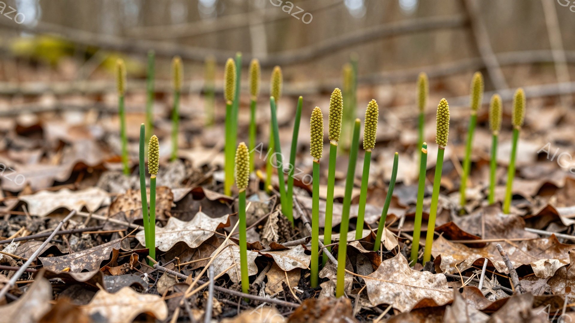 枯れ葉の中から緑色の芽が顔を出し、春の訪れを告げている。花茎はまだ小さく、丸みを帯びた蕾が可愛らしい。土と枯葉のコントラストが、生命の息吹を感じさせる。 - AI生成フリー素材