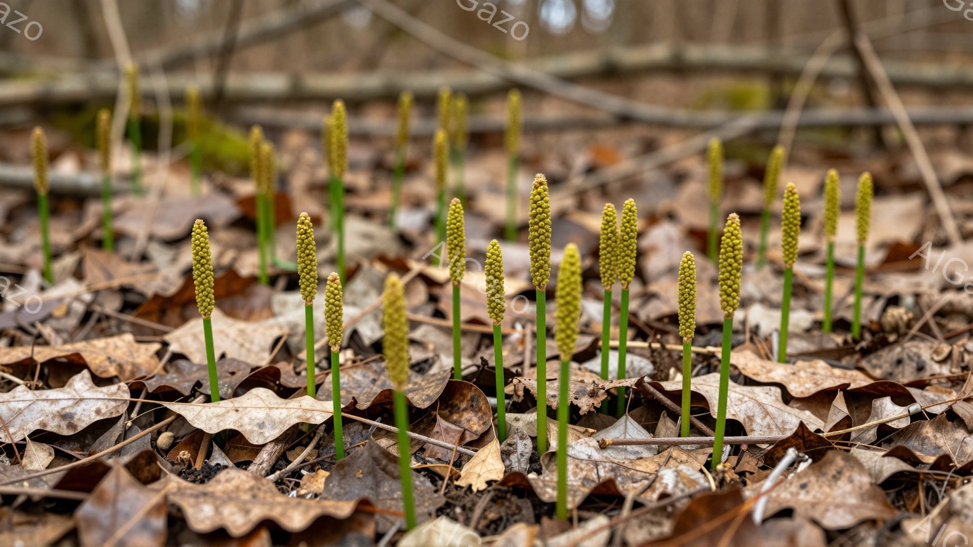 乾燥した落ち葉の上に、緑色の茎と先端が膨らんだ小さな植物が点々と生えている。光が差し込み、地面の茶色の葉と緑の芽がコントラストを生み出している。春の訪れを感じさせる、静かで穏やかな風景だ。 - AI生成フリー素材