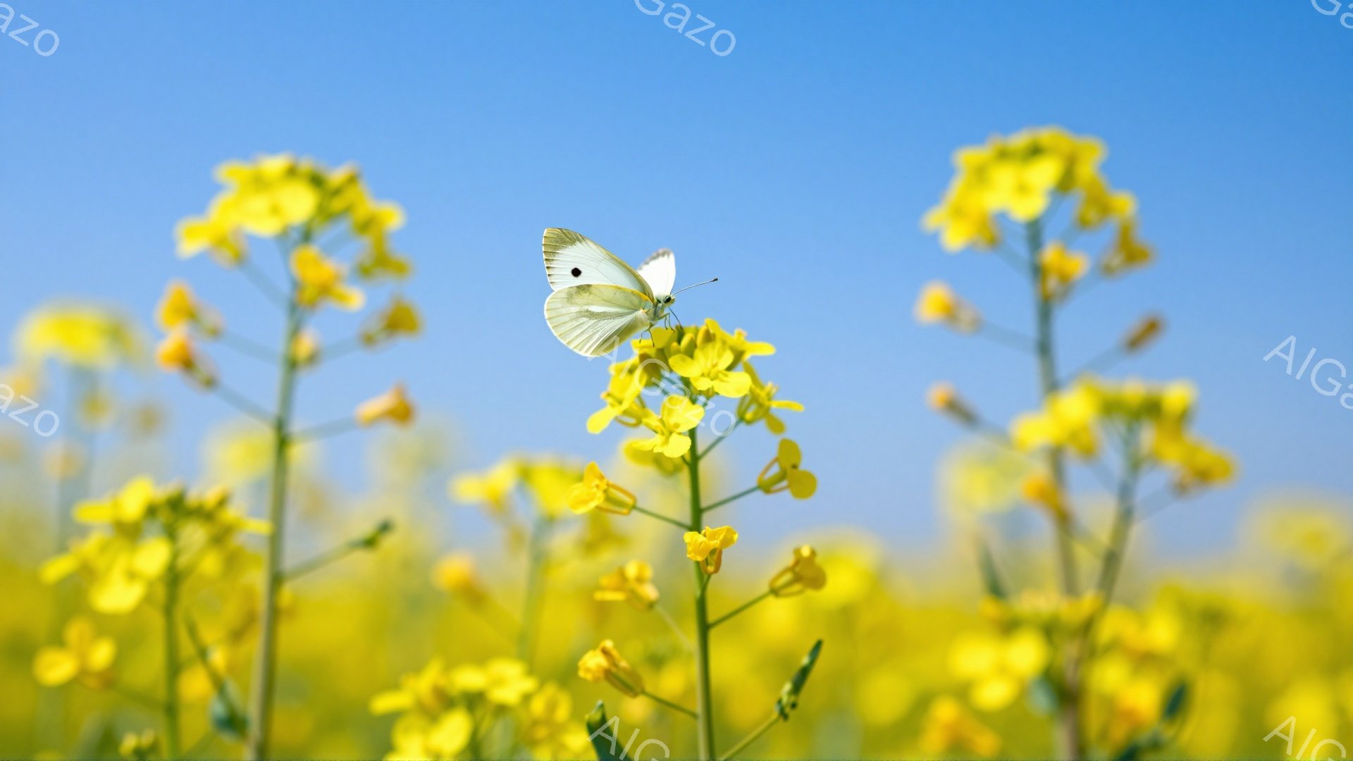 空は晴れ、鮮やかな黄色の菜の花畑が広がっています。一匹の白い蝶が菜の花にとまっており、穏やかな春の日の光景です。背景は空が広がり、爽やかな印象を与えます。 - AI生成フリー素材