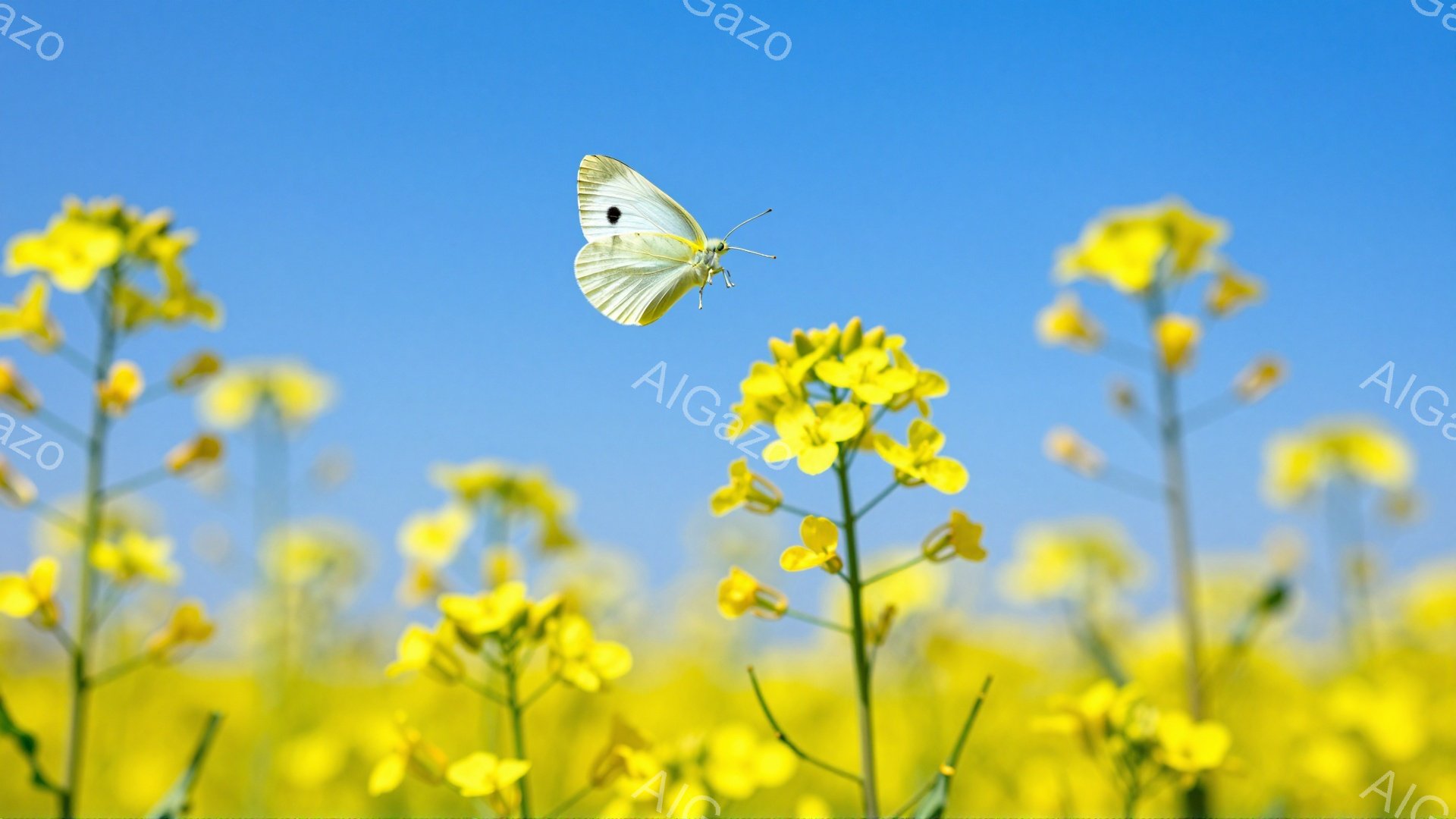 青い空の下、菜の花畑を白い蝶が舞っている。鮮やかな黄色い花々と、空の青さが対照的で、春の暖かさを感じさせる穏やかな光景だ。蝶は、まるで春の訪れを告げる使者のように、優雅に羽ばたいている。