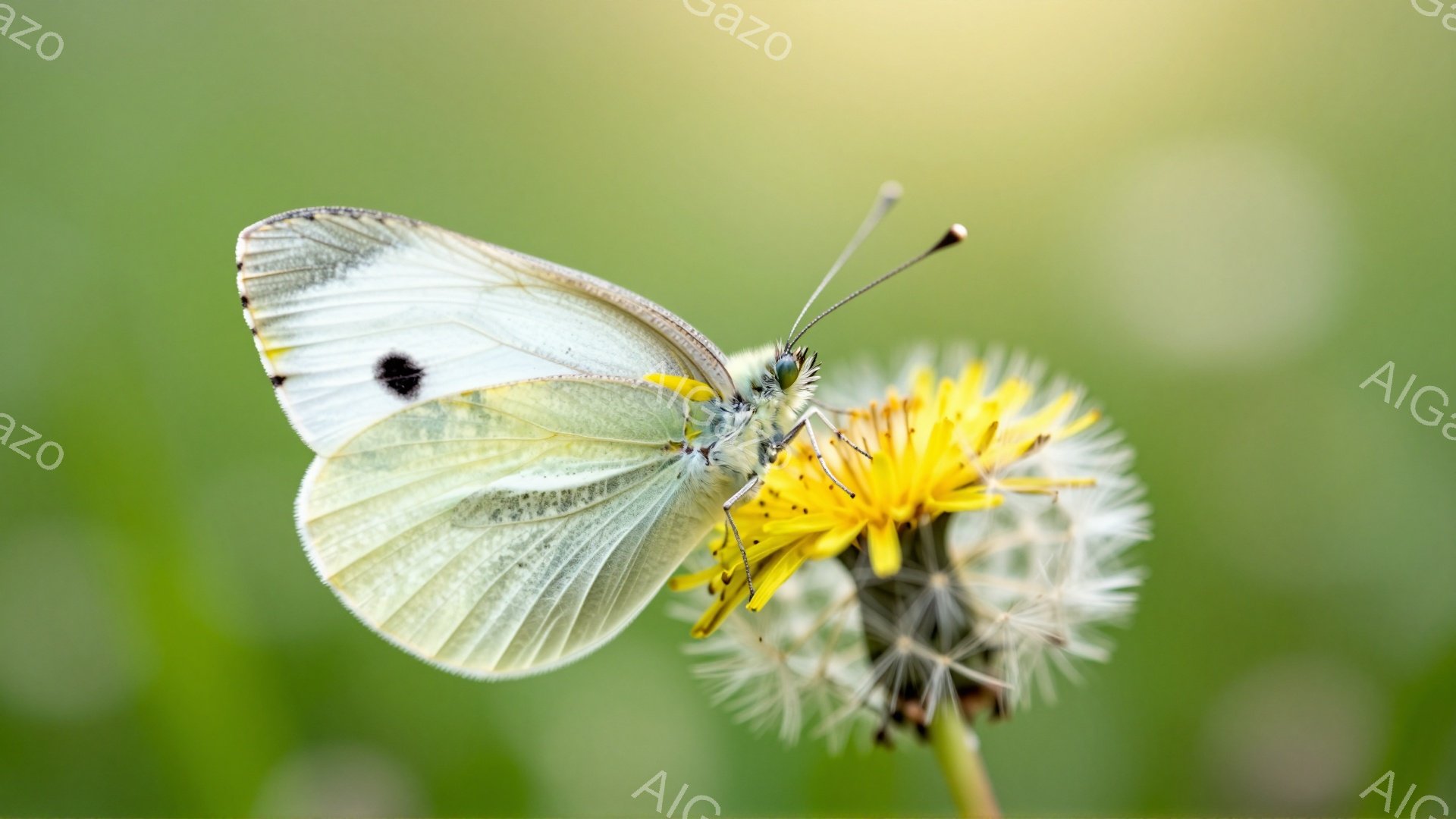 白い蝶がタンポポの花にとまっている。鮮やかな緑色の背景が蝶と花の美しさを引き立て、柔らかな光が全体を包み込んでいる。穏やかな春の日の風景を思わせる、静かで優しい雰囲気の写真だ。 - AI生成フリー素材