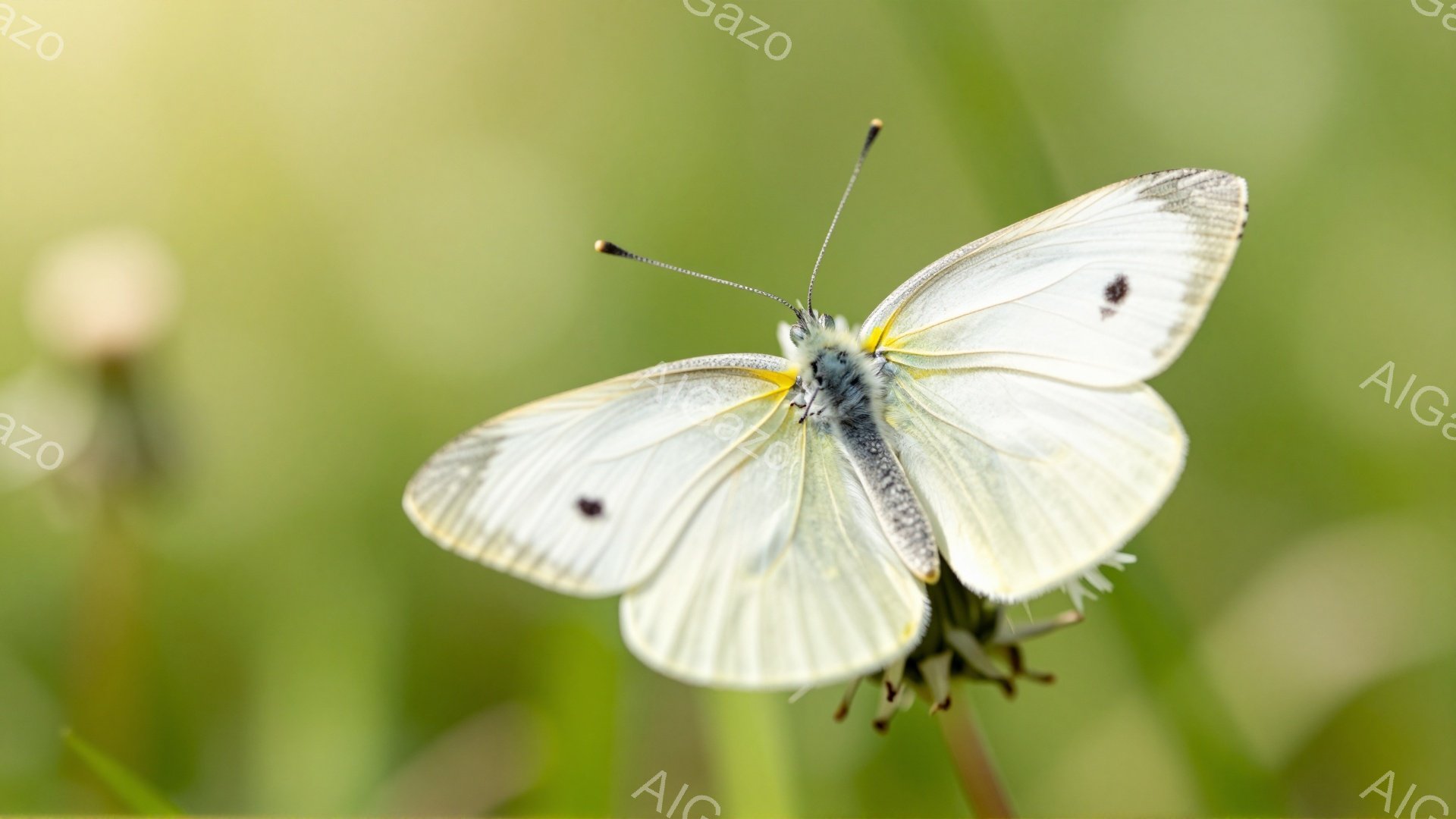 白い蝶が緑色の植物の先端に止まっています。その翼は少し傷ついていますが、優雅な姿を見せています。背景は柔らかい緑色で、春の穏やかな日差しを感じさせます。 - AI生成フリー素材