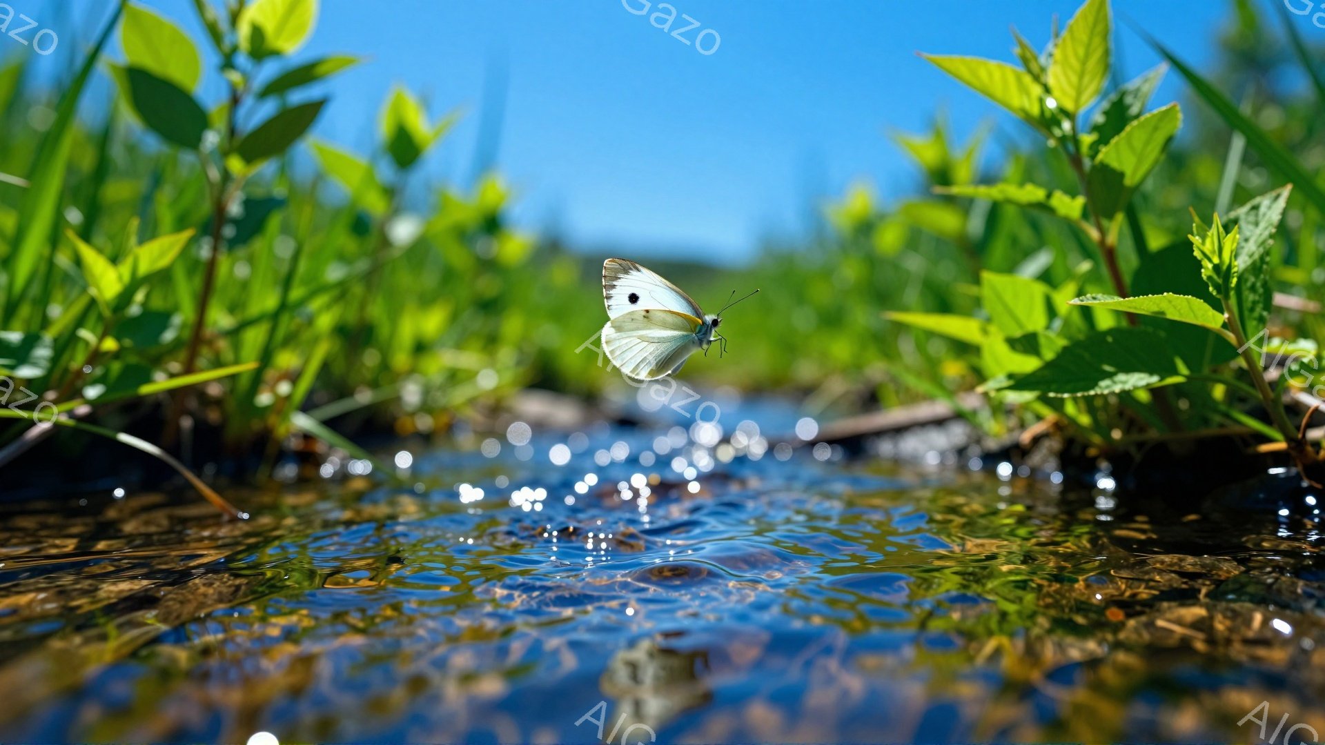 緑豊かな植物が生い茂る小川の上を、白い蝶が舞っている。水面は光を反射してキラキラと輝き、周囲の緑とのコントラストが美しい。自然の静寂と生命の躍動を感じさせる、穏やかな光景だ。 - AI生成フリー素材