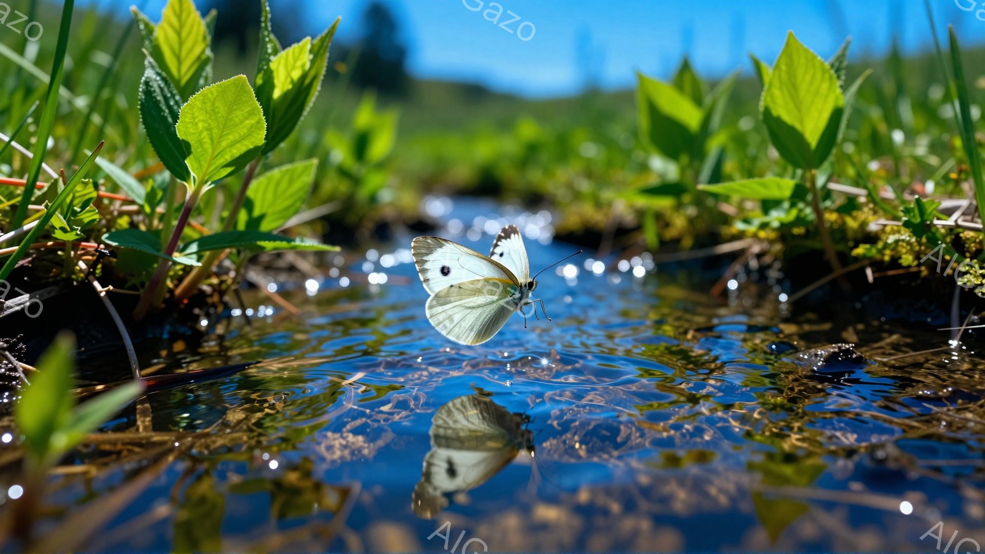 浅い水たまりに白い蝶が舞い降りている様子が捉えられています。周囲には緑の植物が生い茂り、水面には蝶の姿が美しく映り込んでいます。穏やかで静謐な雰囲気の自然の風景です。 - AI生成フリー素材