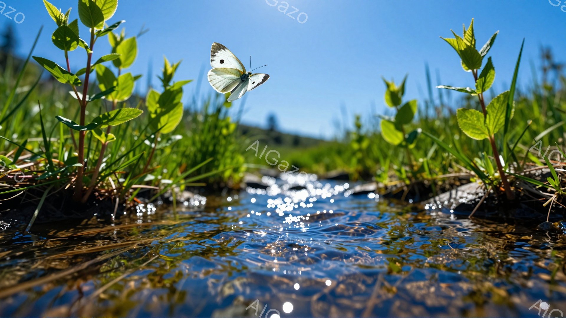 岩の間を流れる清流と、その上を舞う白い蝶が印象的な風景です。水面は太陽の光を反射してキラキラと輝き、周囲の緑とのコントラストが美しいです。穏やかな雰囲気で、自然の息吹を感じさせます。