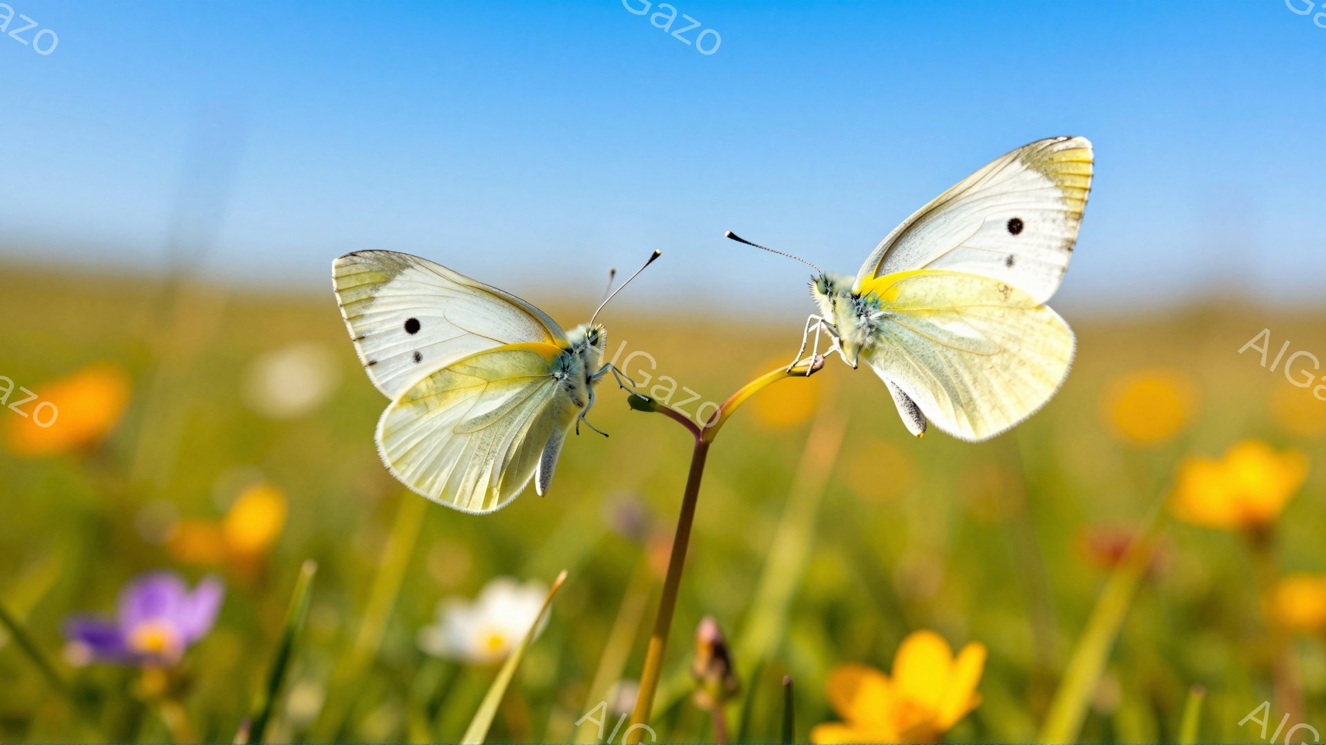 青々とした草原の中で、2匹の白い蝶が植物の茎に止まっています。背景には黄色い花々が咲き乱れ、穏やかで平和な雰囲気を作り出しています。空は青く、暖かな日差しが降り注いでいます。 - AI生成フリー素材