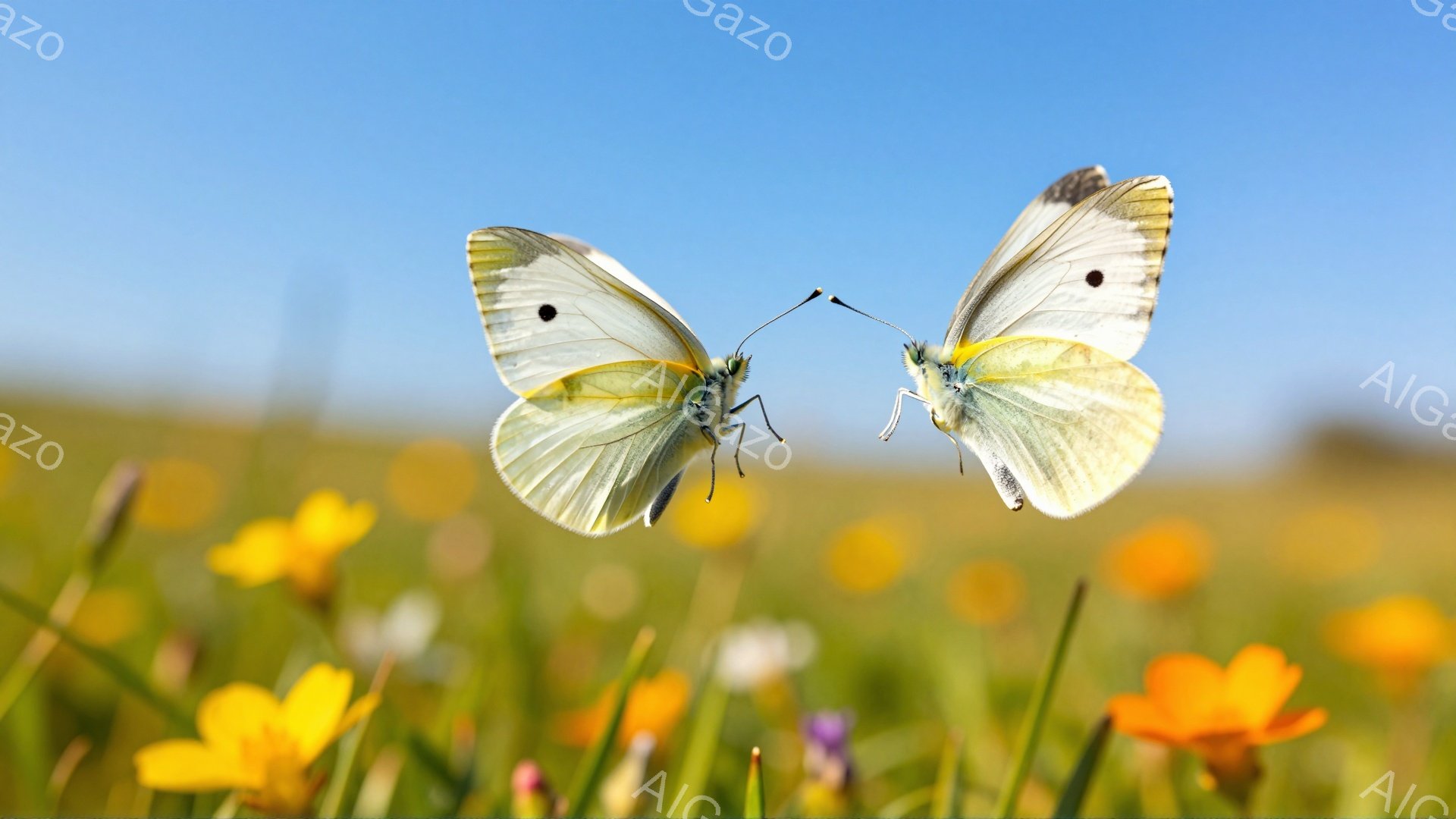 黄色い花畑を飛ぶ二匹の白い蝶が写っている。空は晴れ、背景は緑豊かな草原が広がっている。春の穏やかな陽気を感じさせる、鮮やかな写真だ。 - AI生成フリー素材