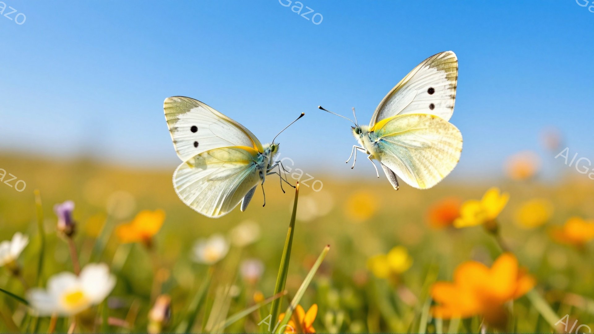 広野にオレンジや白の花が咲き乱れ、その中に2匹の白い蝶がとまっている。蝶はそれぞれ花の上で静かに羽を休め、穏やかな春の日の光景を捉えている。背景には青空が広がり、鮮やかな色彩が目に優しい。 - AI生成フリー素材