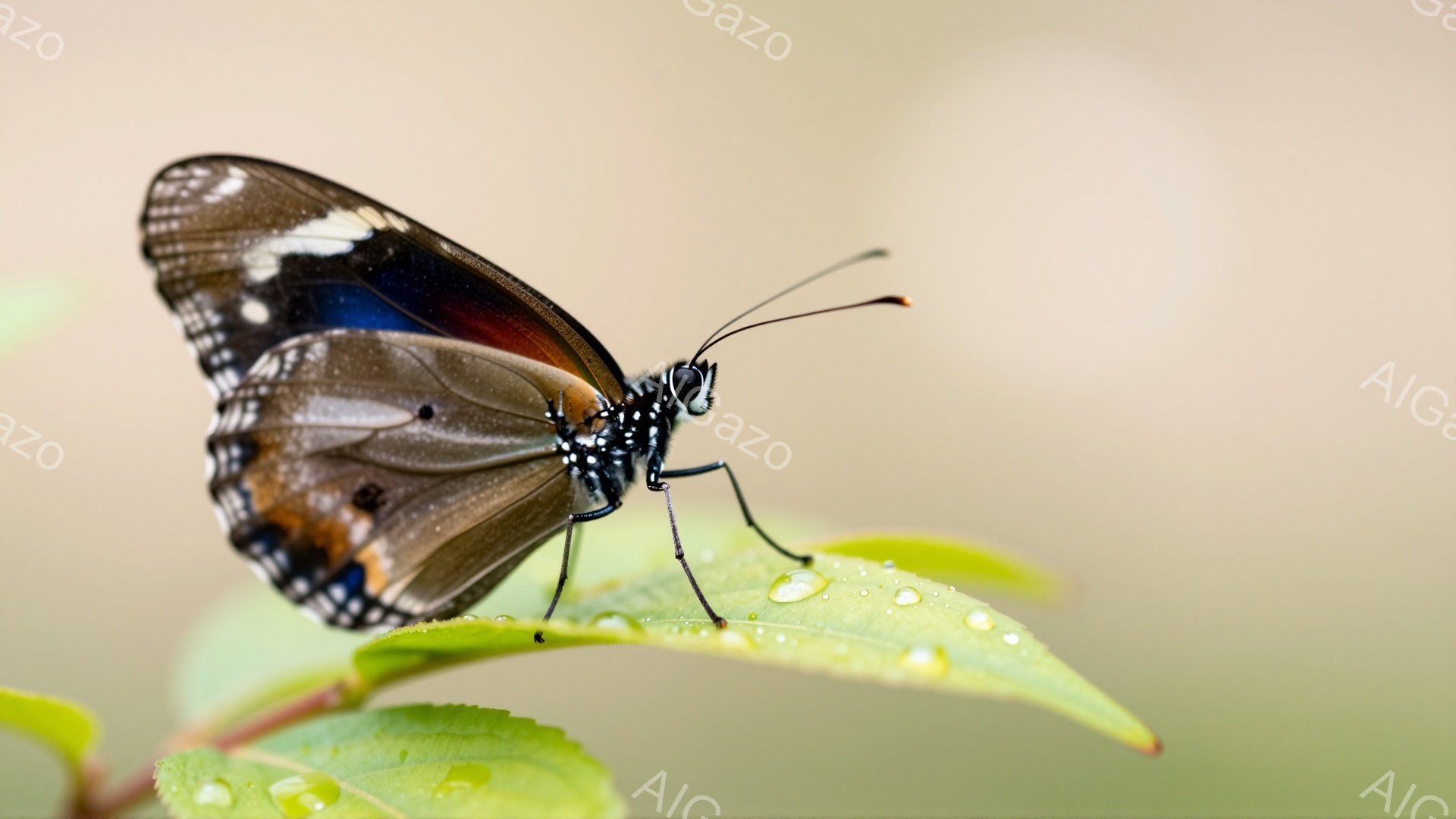 鮮やかなアゲハチョウが緑の葉の上にとまっています。葉には水滴がついており、雨上がりのしっとりとした雰囲気が感じられます。背景はぼかされており、チョウが際立っています。