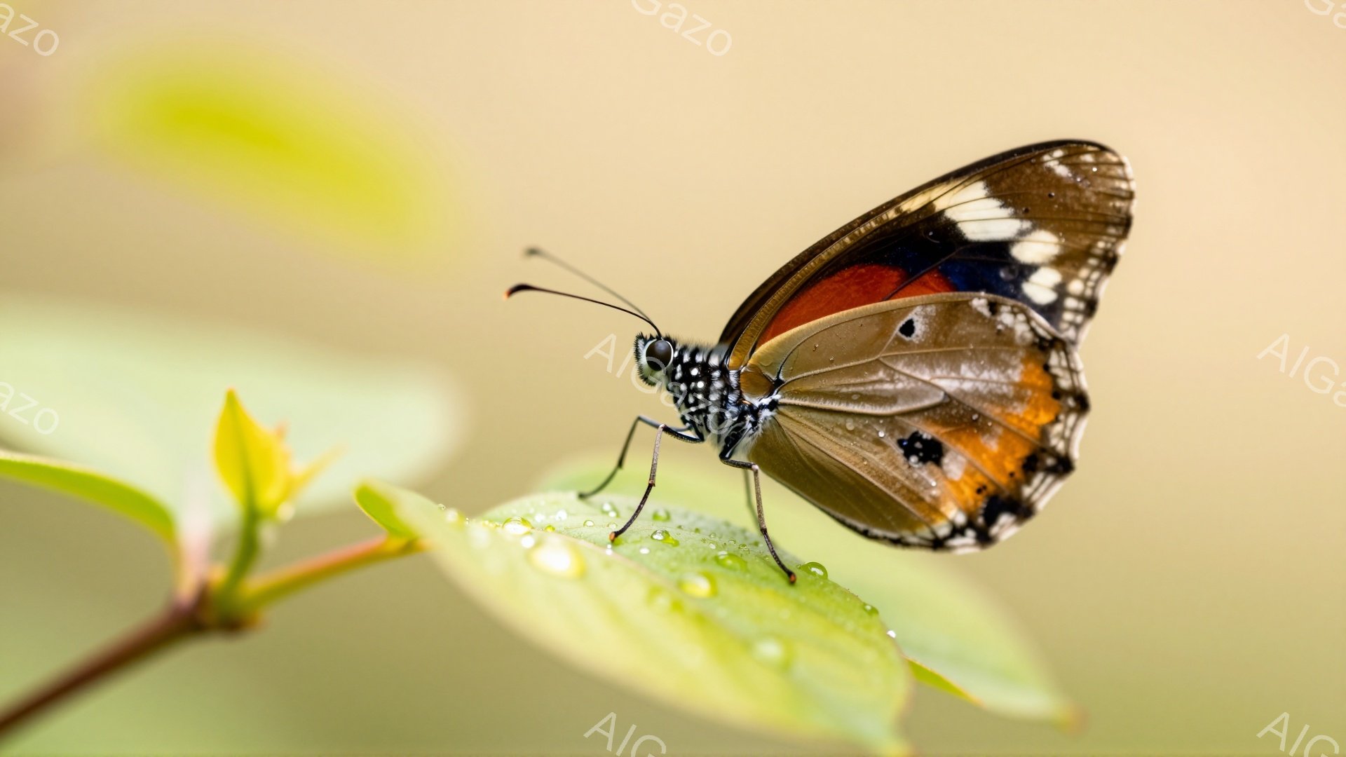 鮮やかなオレンジと黒の模様を持つアゲハチョウが、緑色の葉の上に止まっています。葉には水滴がついており、朝露や雨上がりの様子を連想させます。背景はぼかされており、チョウと葉が際立っています。