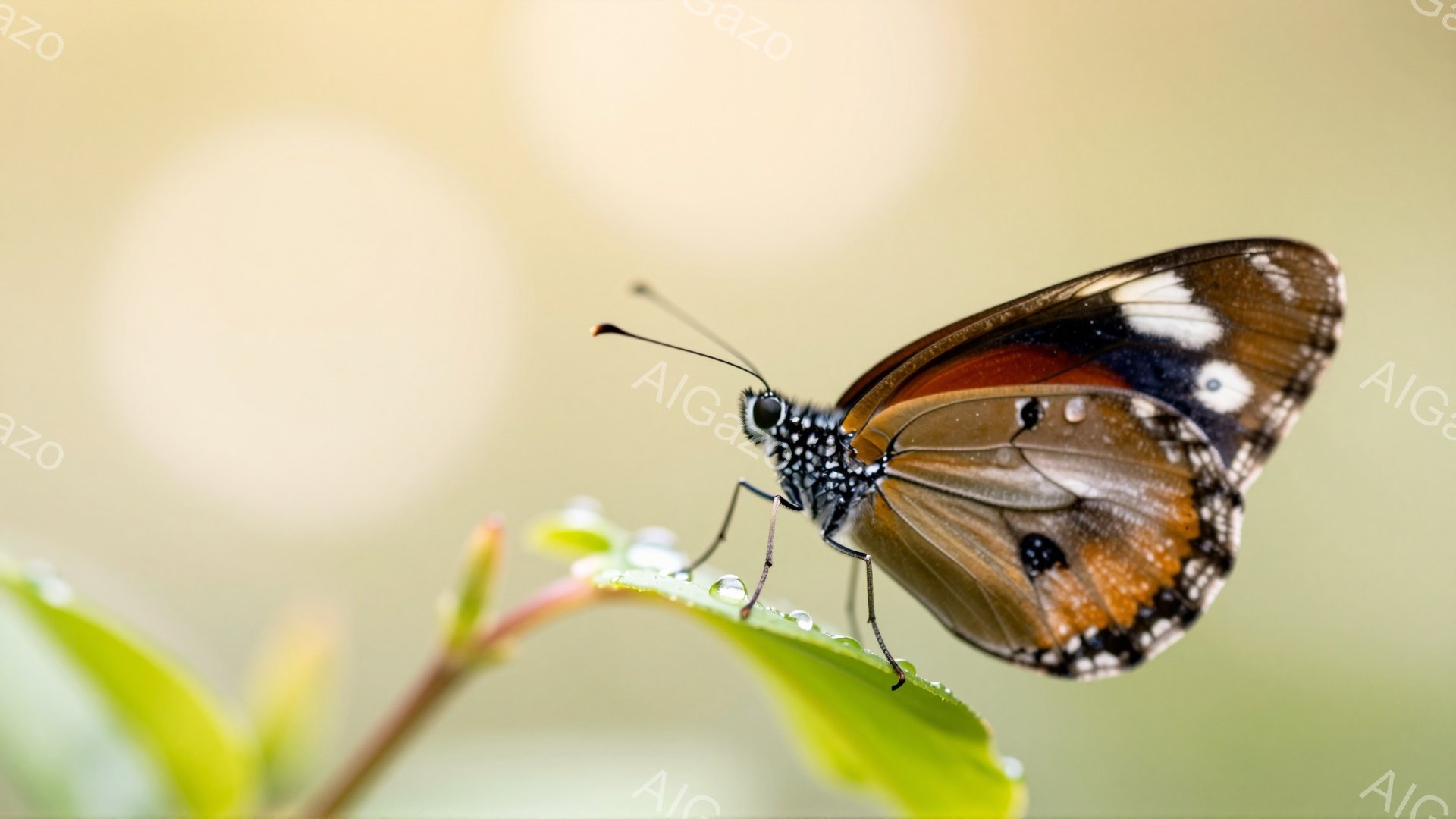 鮮やかなオレンジと黒色の斑点を持つアゲハチョウが、水滴のついた緑の葉の上に静止しています。背景はぼかされており、自然光が柔らかく差し込み、穏やかな雰囲気を醸し出しています。葉の曲線とチョウの優雅なシルエットが美しい対比を生み出しています。