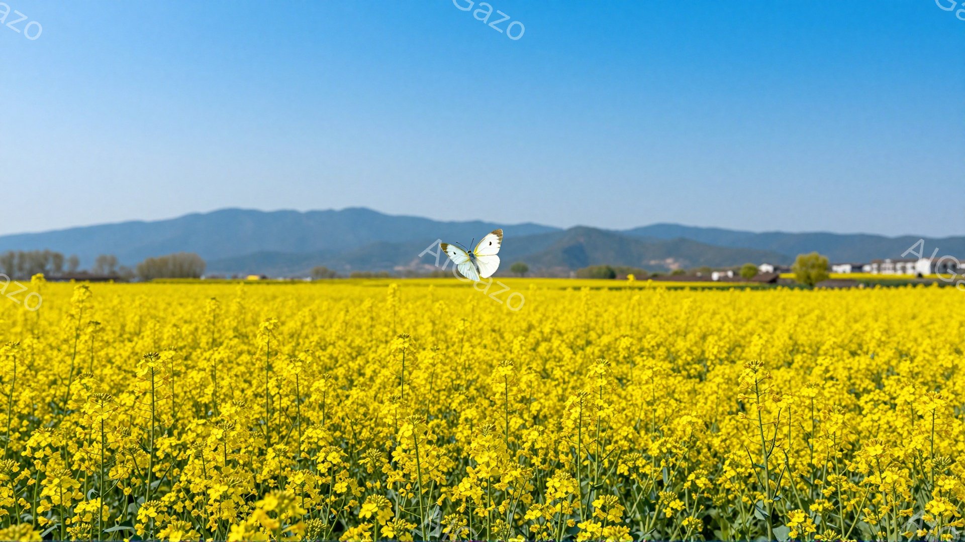 広大な菜の花畑が広がり、その中心に白い蝶が舞っている。背景には遠くの山々がぼんやりと見え、青空とのコントラストが美しい。春の陽気な日差しを感じさせる、穏やかで希望に満ちた風景だ。 - AI生成フリー素材