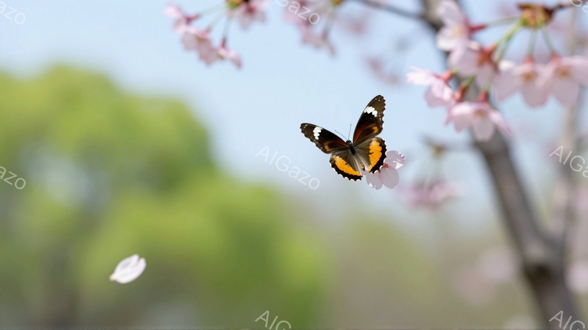 桜の木の枝に止まった黒とオレンジ色の蝶が写っています。背景にはぼやけた緑の木々と青空が広がり、春の穏やかな雰囲気を醸し出しています。舞い散る花びらが、季節の儚さを強調しています。 - AI生成フリー素材