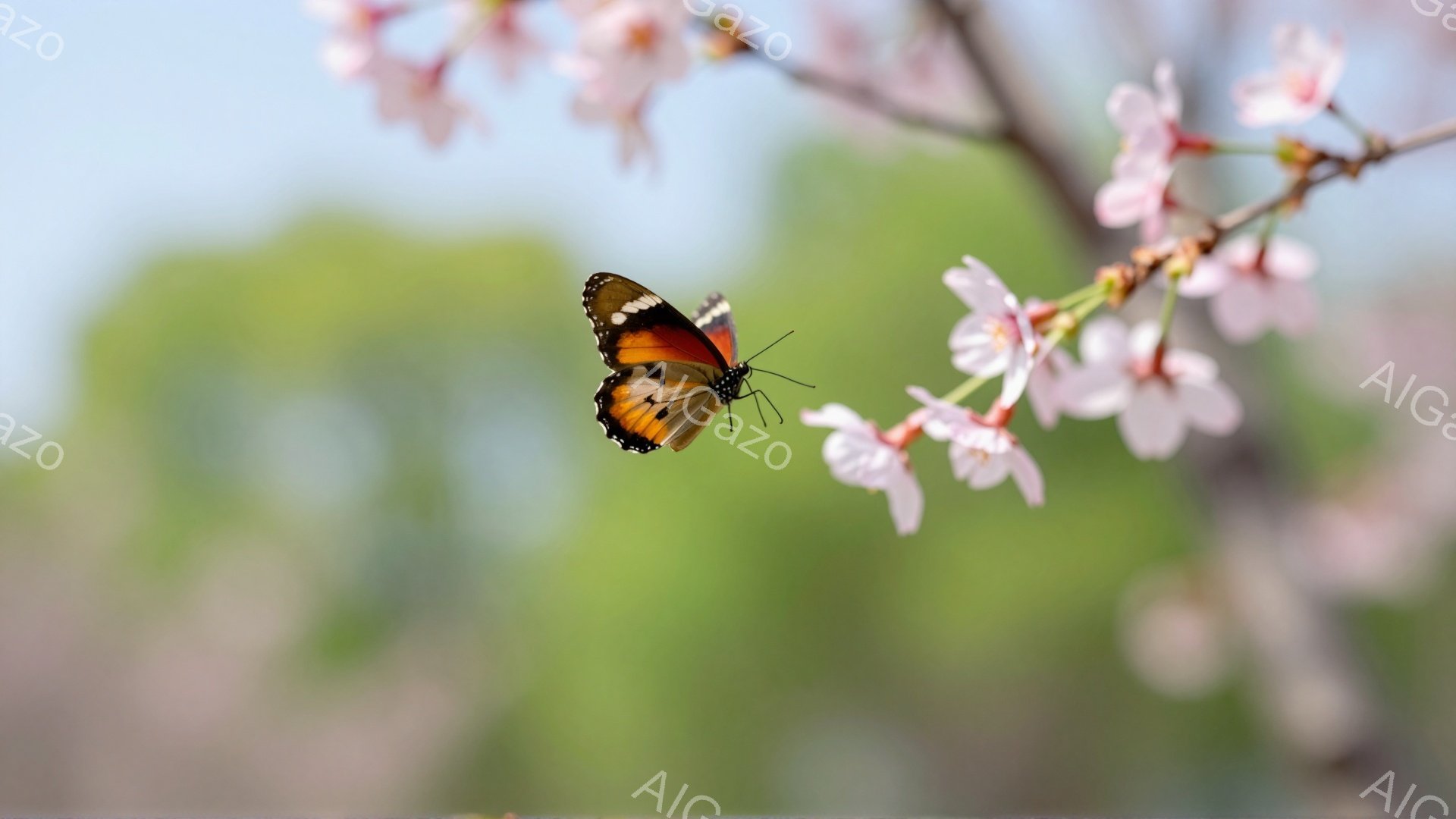 鮮やかなオレンジ色の蝶が、桜の淡いピンク色の花びらの間に舞っている。背景は緑色のぼやけた木々と空で、春の穏やかな雰囲気が感じられる。蝶は右に飛んでおり、その美しい模様が際立っている。 - AI生成フリー素材