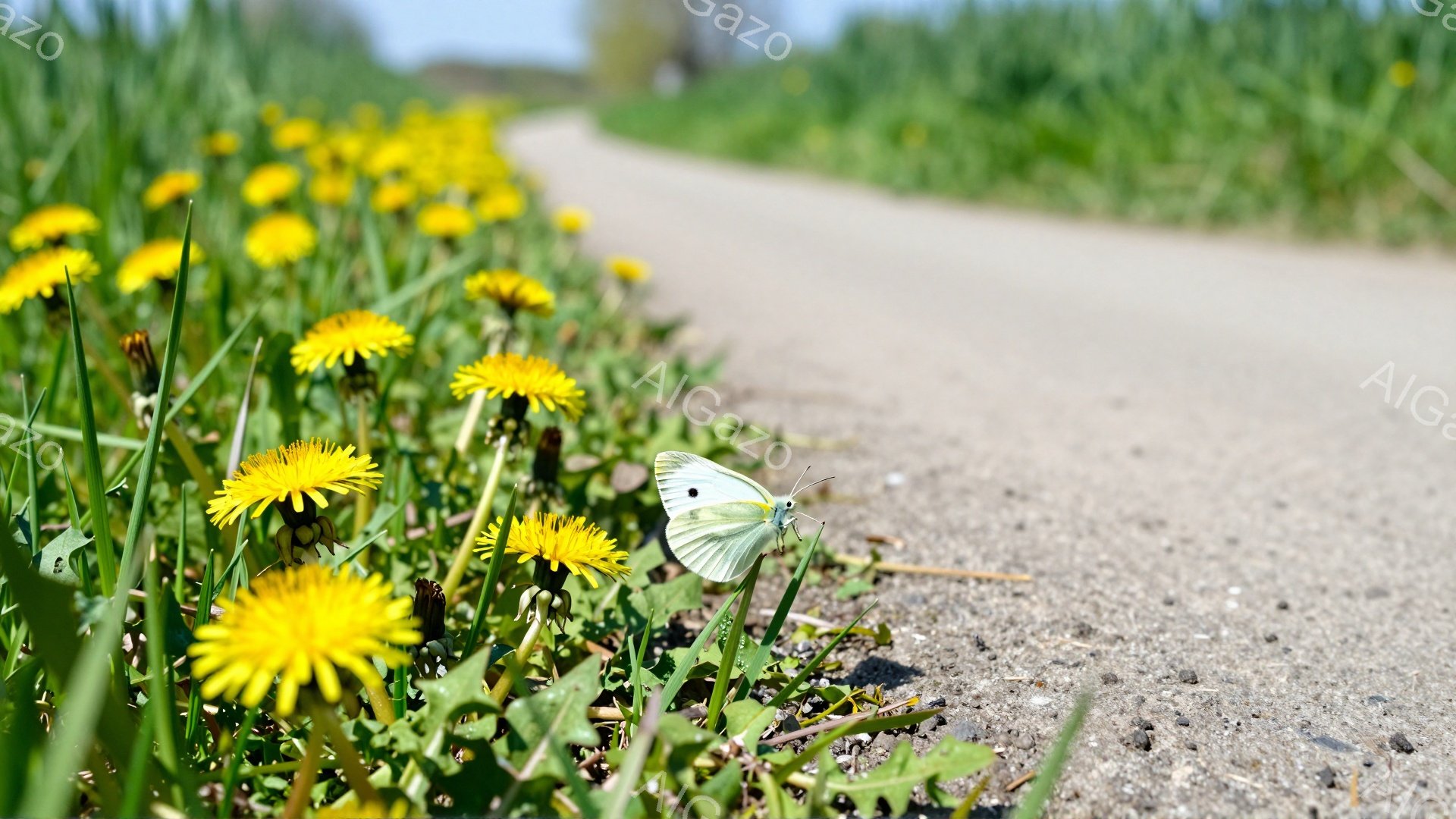 道端にタンポポが咲き乱れ、その一つに白い蝶がとまっている。明るい日差しが差し込み、春の穏やかな雰囲気が伝わってくる。背景には緑豊かな草原と続く道が見える。 - AI生成フリー素材
