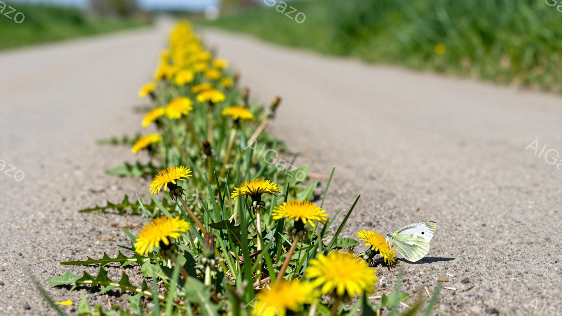 砂利道沿いにタンポポが咲き乱れ、その中に一匹の白い蝶が止まっています。背景には緑の草が生い茂り、春の穏やかな雰囲気が感じられます。焦点が浅く、手前のタンポポと蝶が鮮明に映えています。