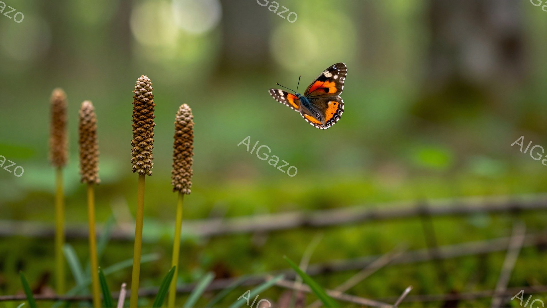 緑の草むらの中に、小さな穂のような植物が数本立っている。鮮やかなオレンジと黒の模様を持つ蝶が、その植物の一つに止まって羽を休めている。背景は緑色のボケで、暖かく穏やかな雰囲気が漂っている。 - AI生成フリー素材