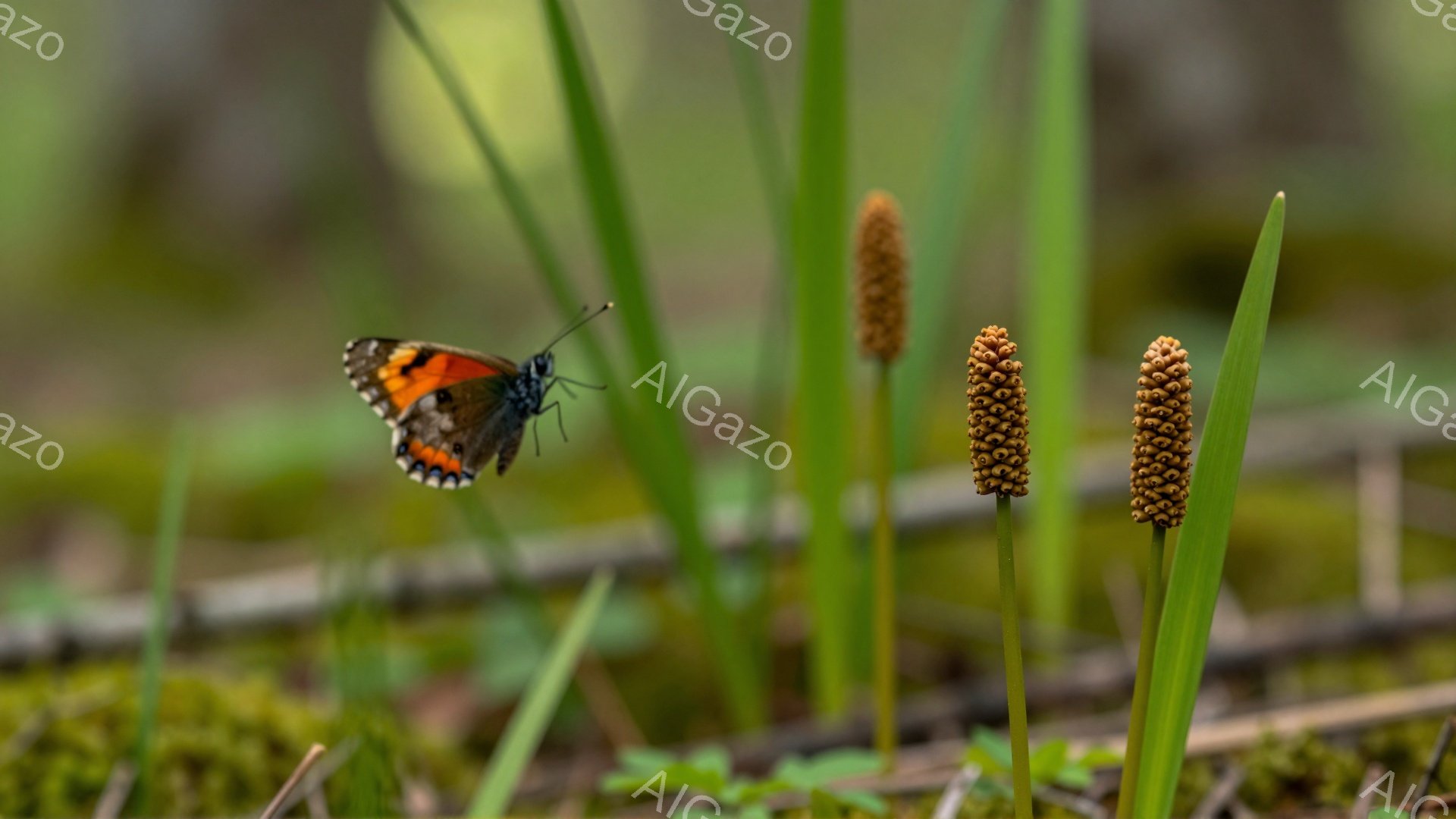 緑の植物が生い茂る中に、鮮やかなオレンジと黒の模様を持つ蝶が舞っている。背景はぼやけており、焦点は蝶と、その周りの植物に当てられている。春の穏やかな陽光が差し込み、自然の息吹を感じさせる。 - AI生成フリー素材