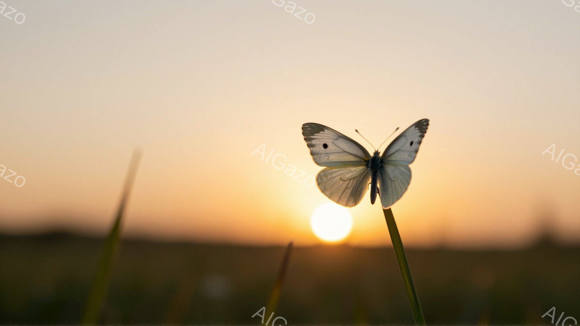 夕焼けを背景に、一本の草の上に白い蝶がとまっている。蝶は翼を広げ、オレンジ色の空とのコントラストが美しい。穏やかで平和な雰囲気が漂う、夏の日の光景だ。 - AI生成フリー素材
