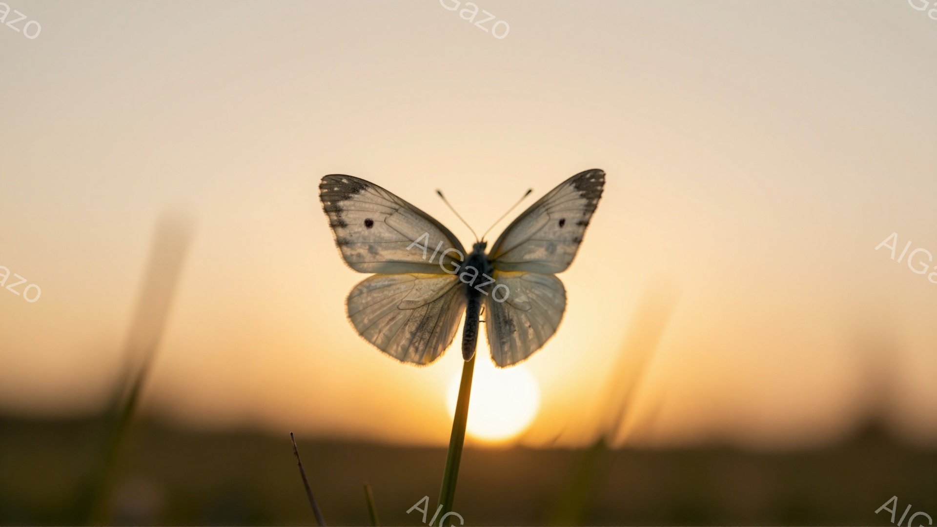 白い蝶が夕焼けを背景に草の上に静止しています。太陽の光が蝶の羽を照らし、繊細な模様が際立っています。温かく穏やかな雰囲気で、自然の美しさが感じられます。 - AI生成フリー素材