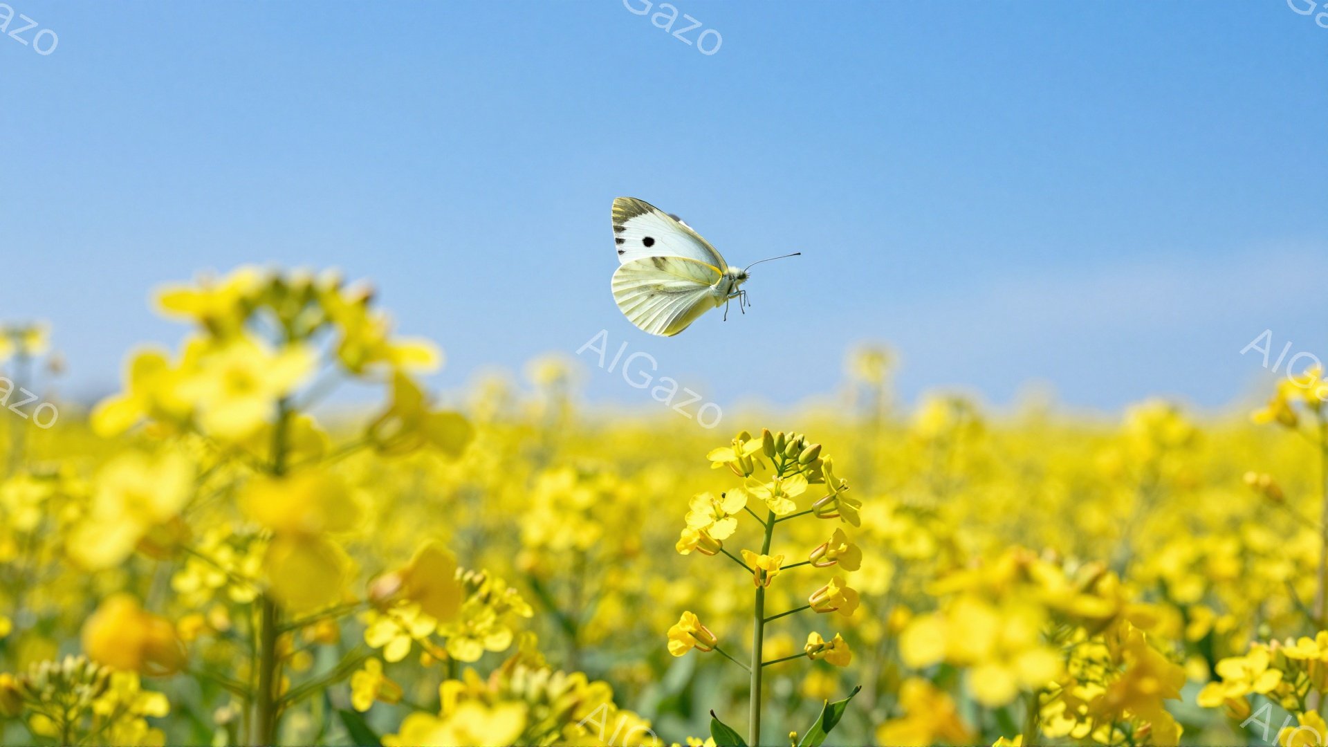 広大な菜の花畑を背景に、白い蝶が飛び交っている。鮮やかな黄色と青空のコントラストが印象的で、春の訪れを感じさせる暖かい雰囲気だ。菜の花は満開で、蝶は花の間を優雅に舞っている。 - AI生成フリー素材