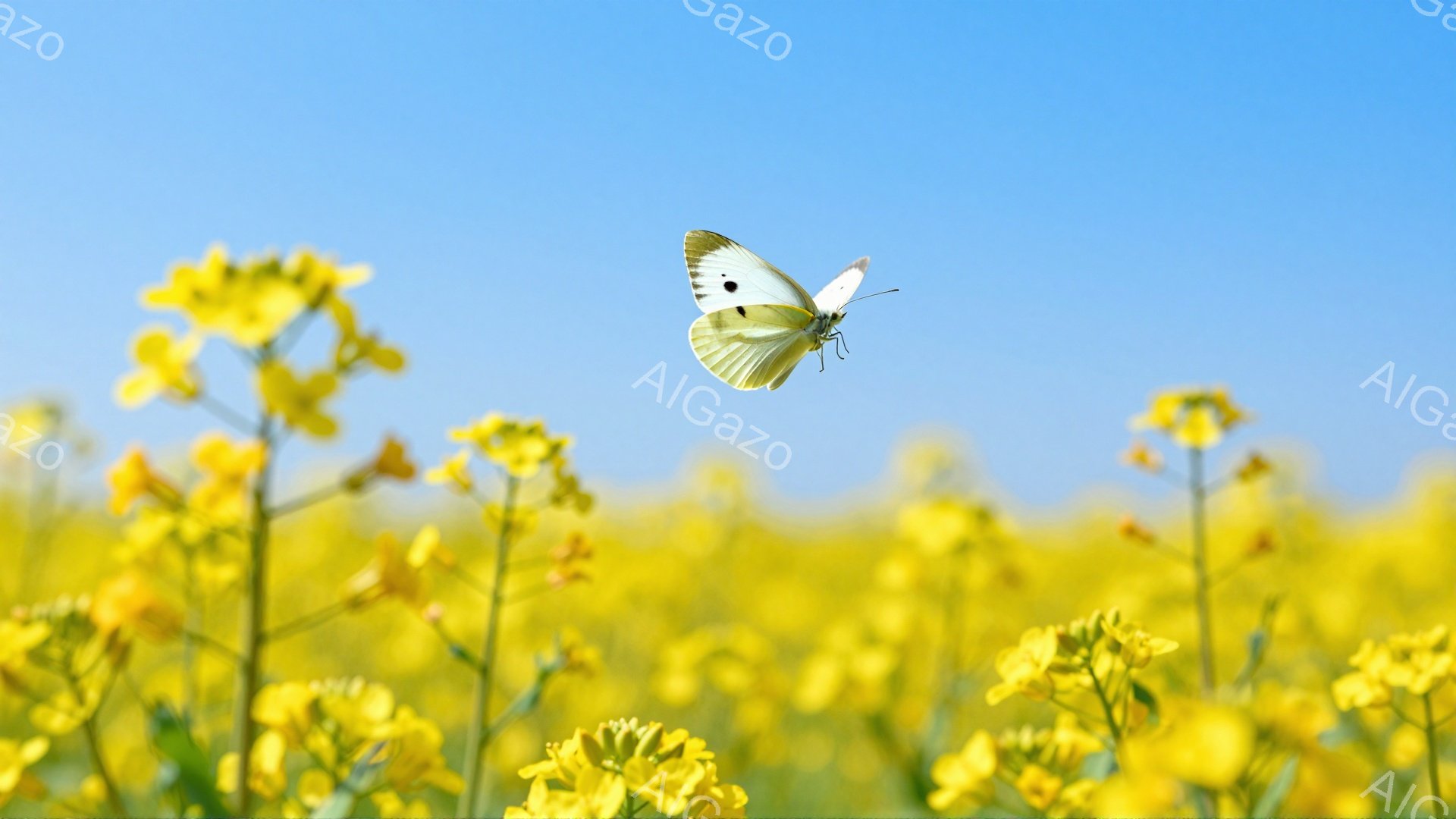 青空の下、菜の花畑で白蝶が舞っている。菜の花は鮮やかな黄色で、背景は空まで広がり、春の穏やかな雰囲気を醸し出している。蝶の羽は太陽の光を受けて白く輝き、優雅な姿が印象的だ。 - AI生成フリー素材