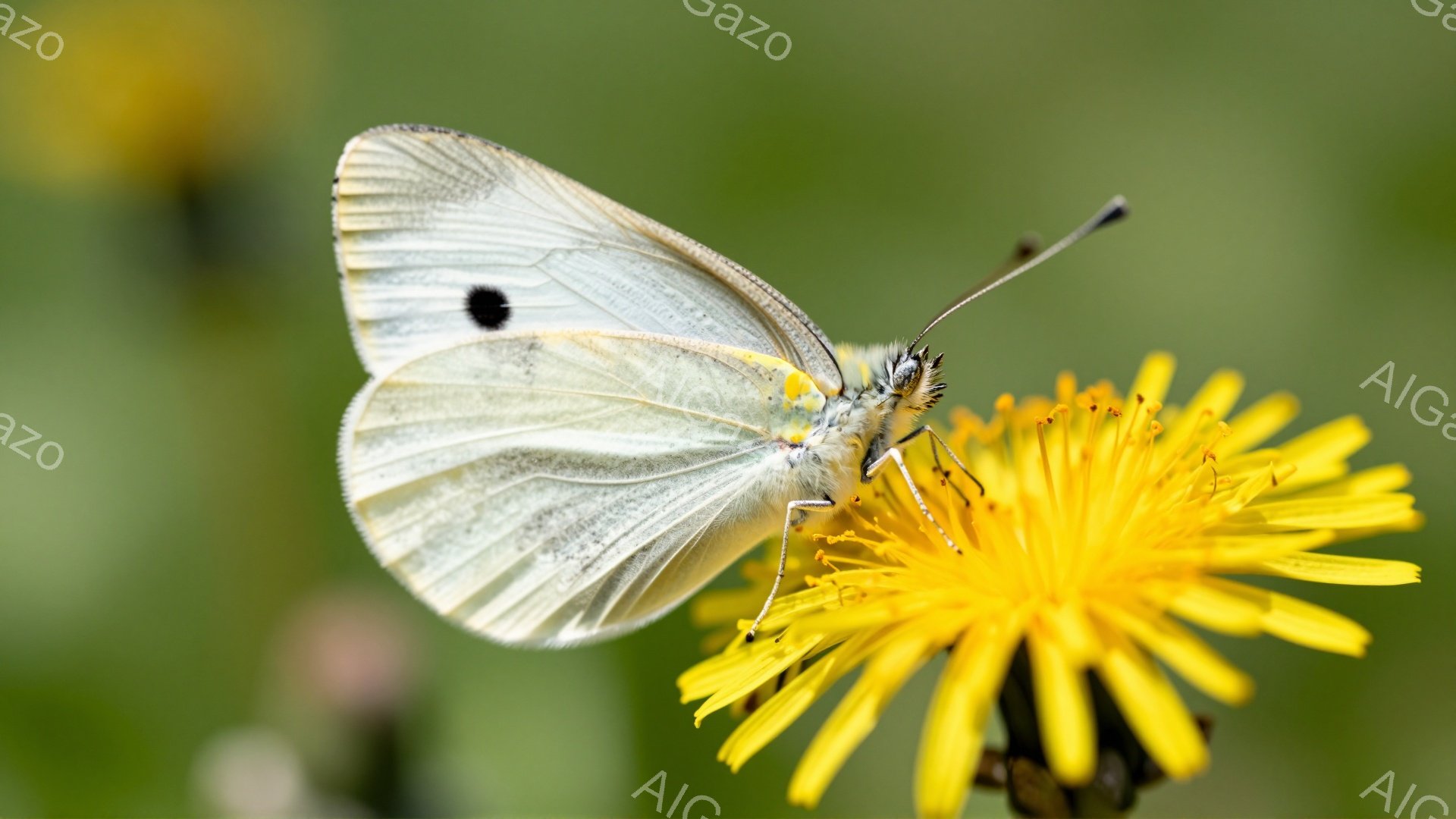 白い蝶が鮮やかな黄色のタンポポに止まっています。蝶は翼を広げ、まるで花にキスをしているようです。背景は緑色のぼやけで、春の穏やかな雰囲気を醸し出しています。 - AI生成フリー素材