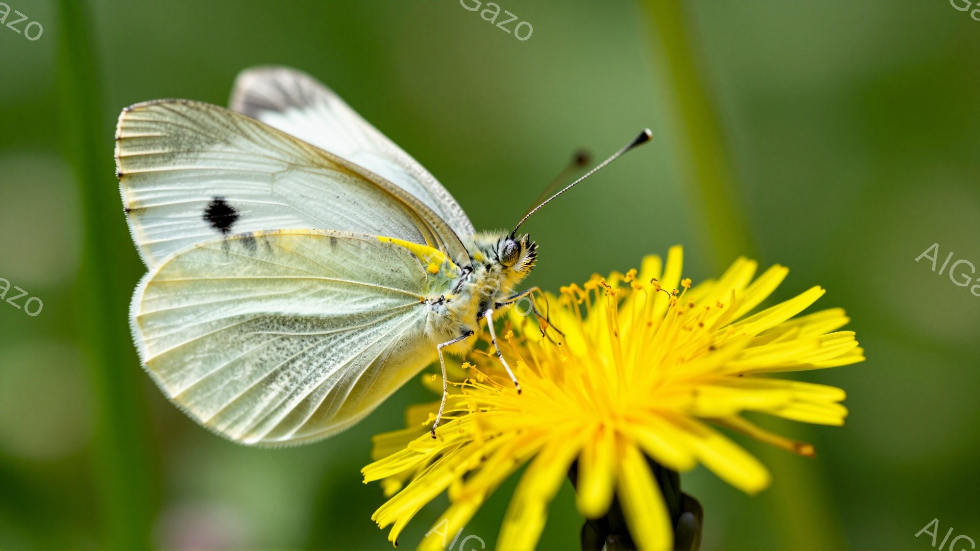 淡黄色の蝶がタンポポの花にとまっている。鮮やかな黄色の花びらと蝶のコントラストが美しい。背景は緑色で、春の穏やかな日差しが感じられる。