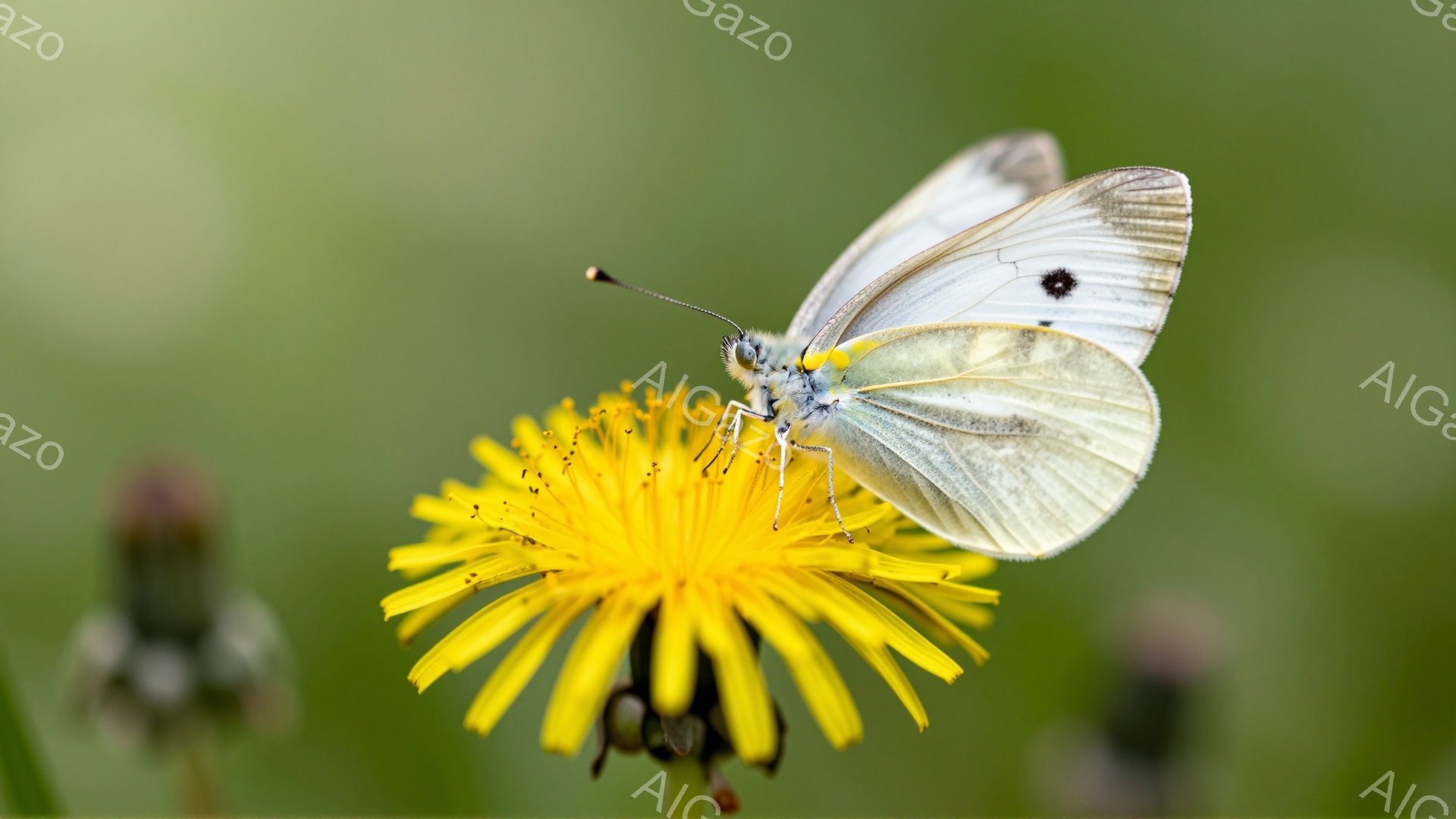 黄色のタンポポの上にとまっている白い蝶が印象的な写真です。蝶は片方の翼を広げ、花を見下ろすように静止しています。背景は緑色で、ぼやけており、蝶とタンポポが際立っています。