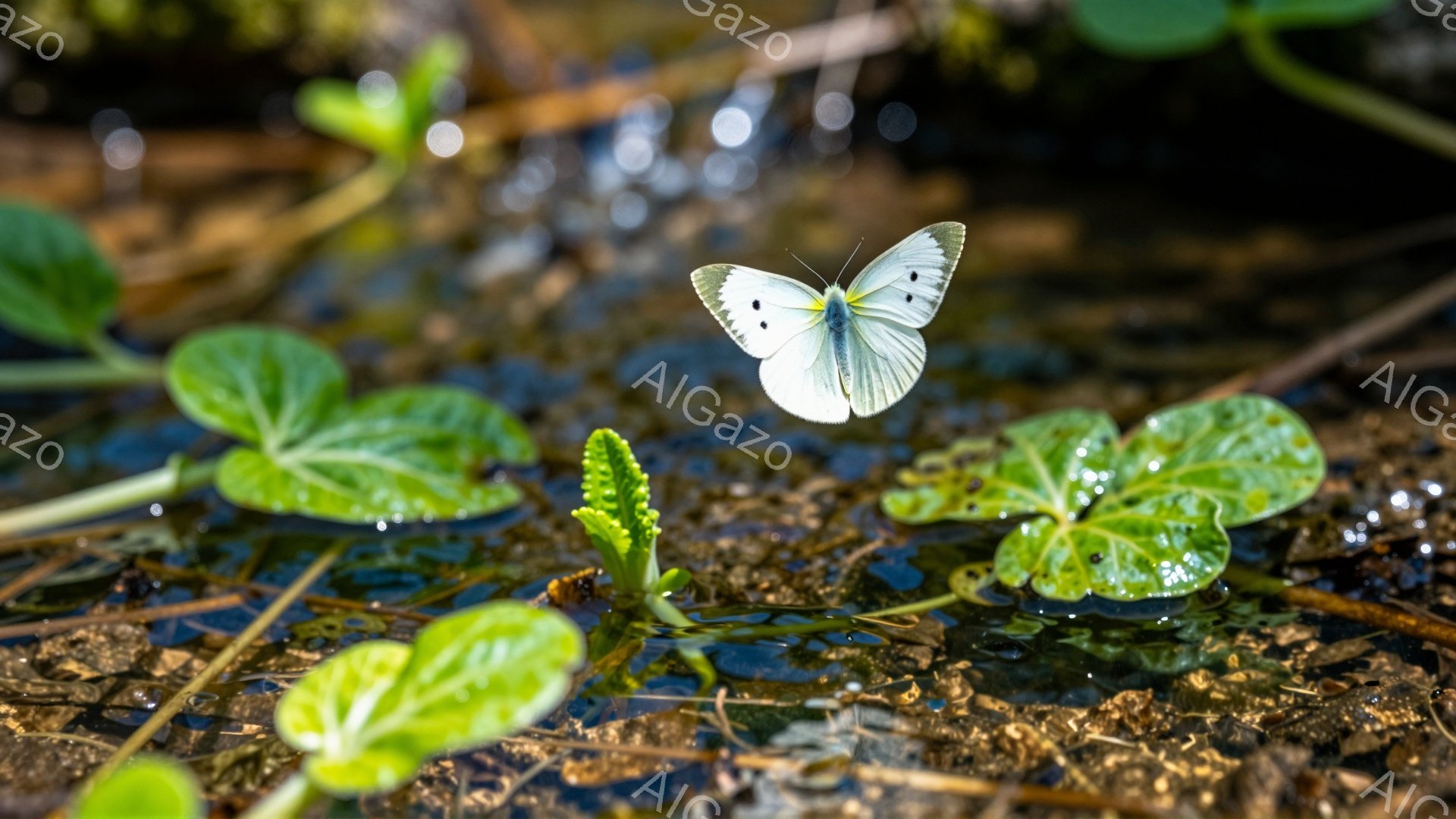 湿った地面に白い蝶が舞い降りている様子が捉えられています。周囲には緑の葉や植物の新芽が見られ、春の訪れを感じさせる穏やかな光景です。背景は茶色や黒で構成され、自然の静寂が漂っています。 - AI生成フリー素材